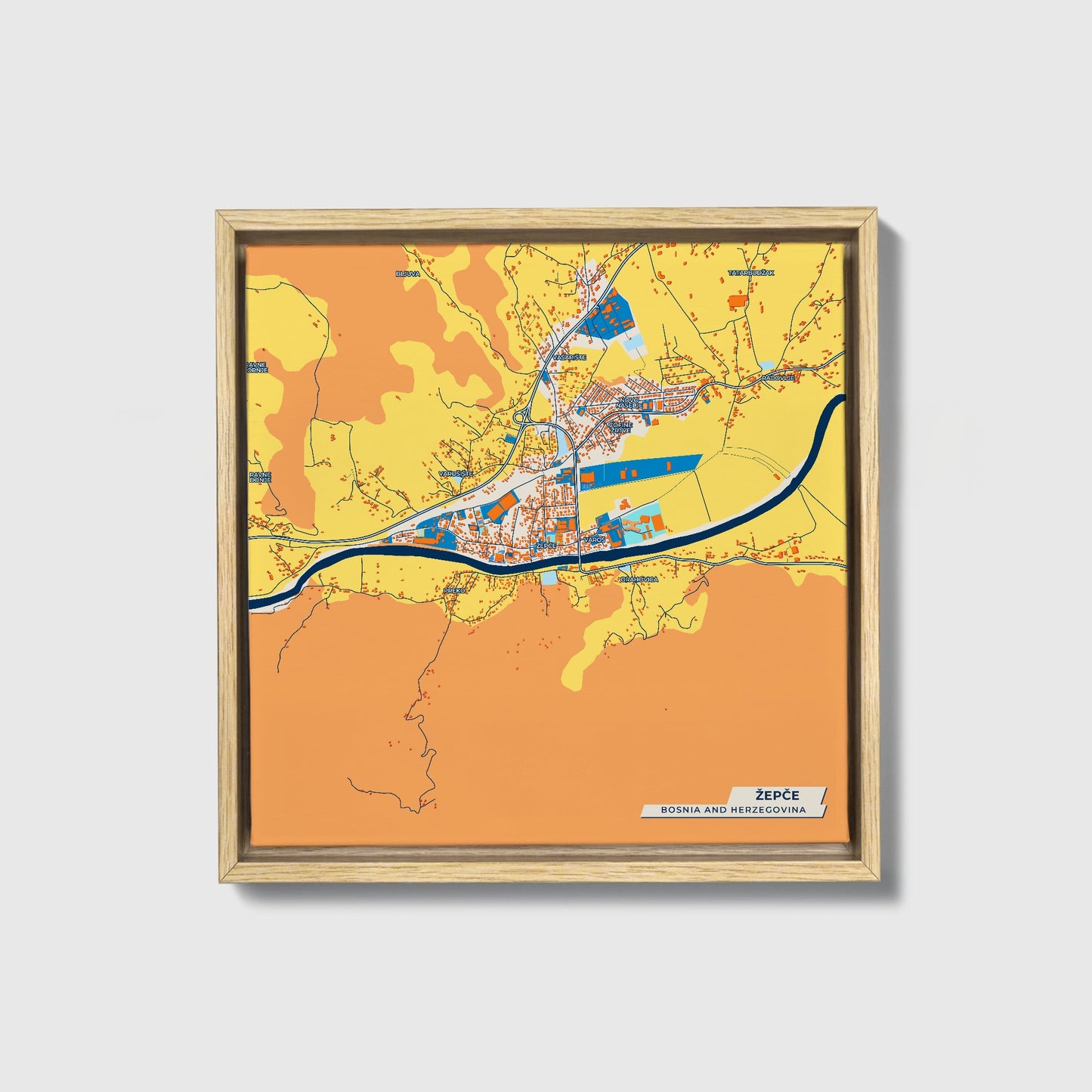 Žepče Bosnia And Herzegovina Colorful City Map Canvas Print • Natural Wooden Framed