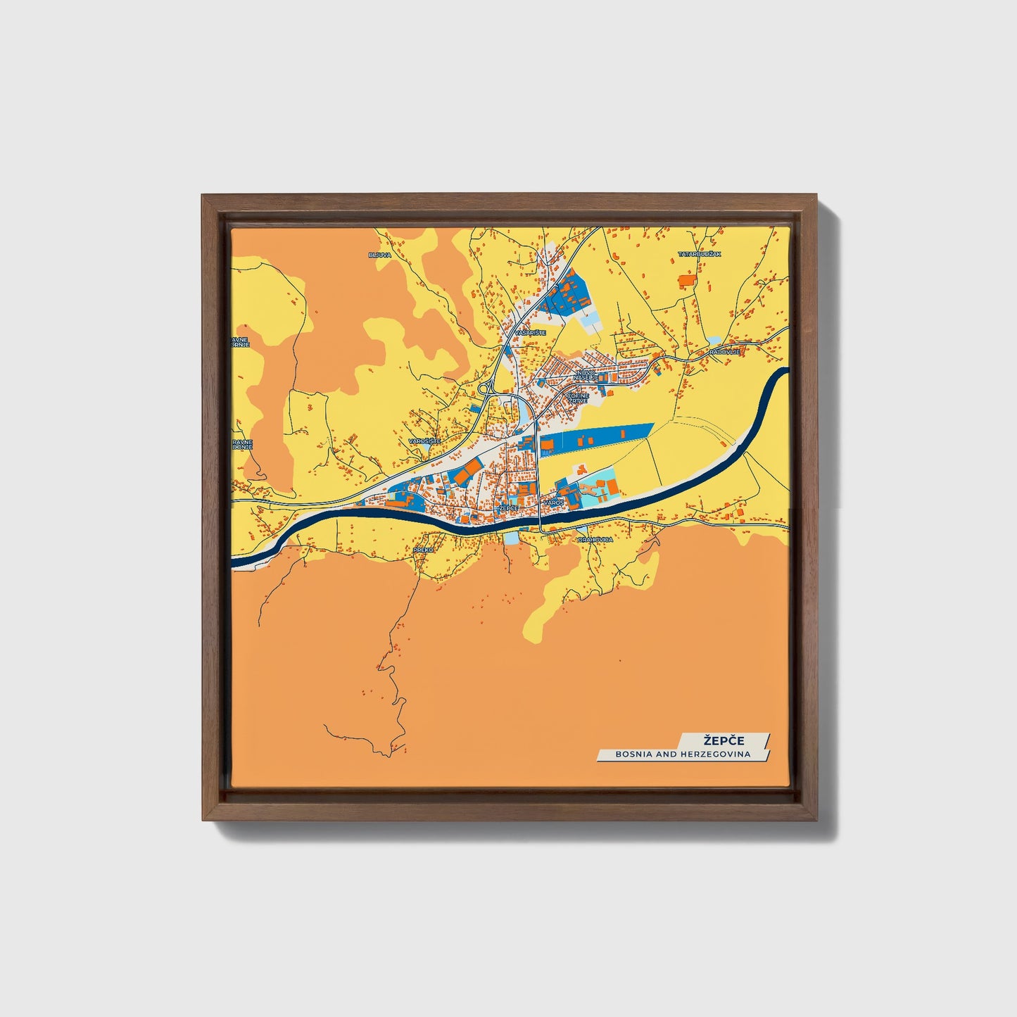 Žepče Bosnia And Herzegovina Colorful City Map Canvas Print • Dark Wooden Framed