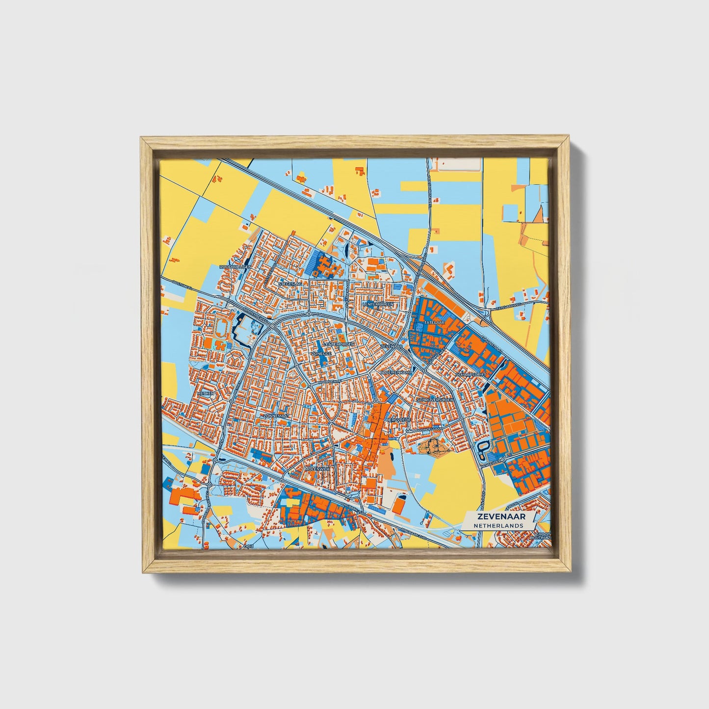 Zevenaar Netherlands Colorful City Map Canvas Print • Natural Wooden Framed