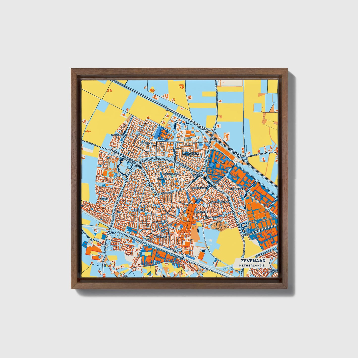 Zevenaar Netherlands Colorful City Map Canvas Print • Dark Wooden Framed