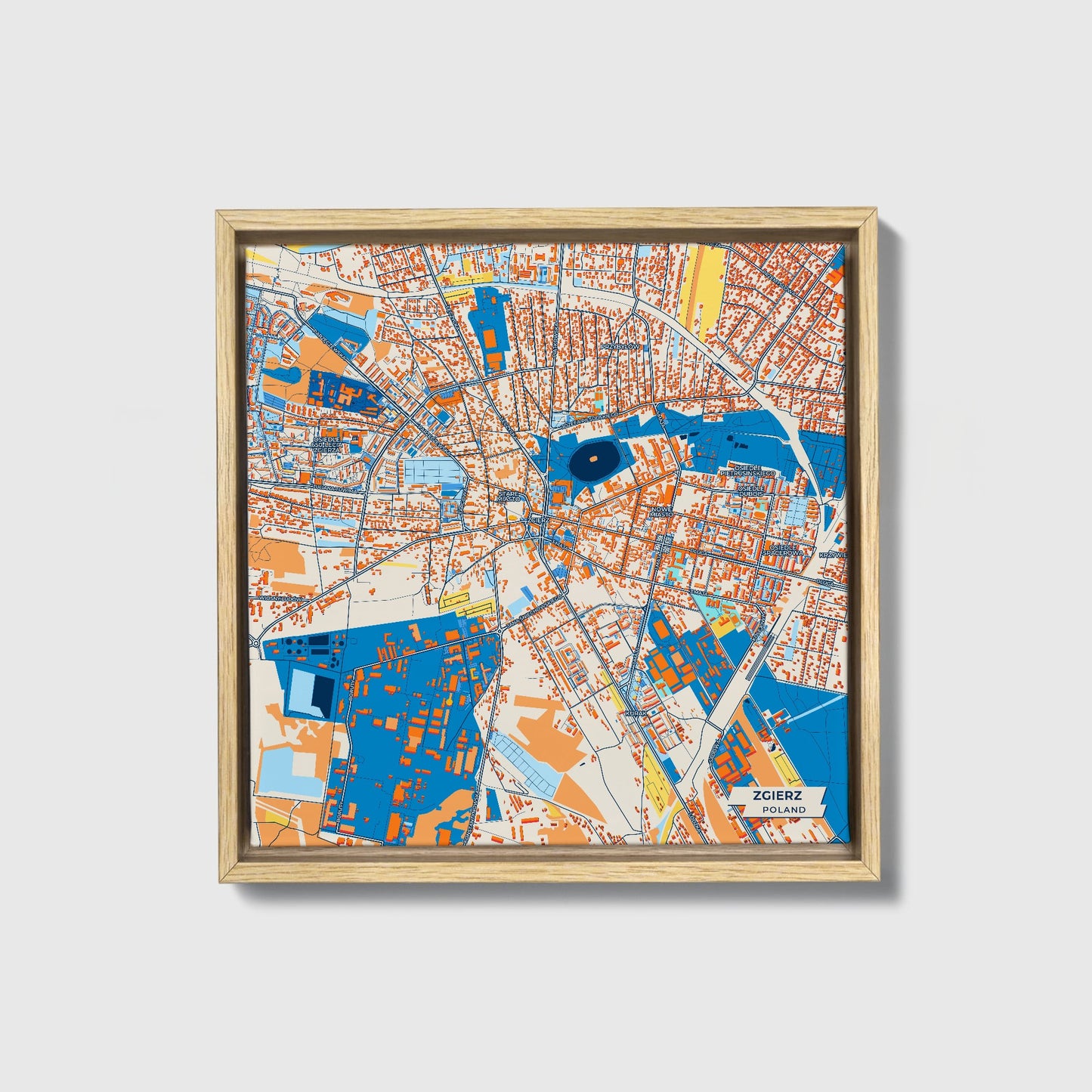 Zgierz Poland Colorful City Map Canvas Print • Natural Wooden Framed