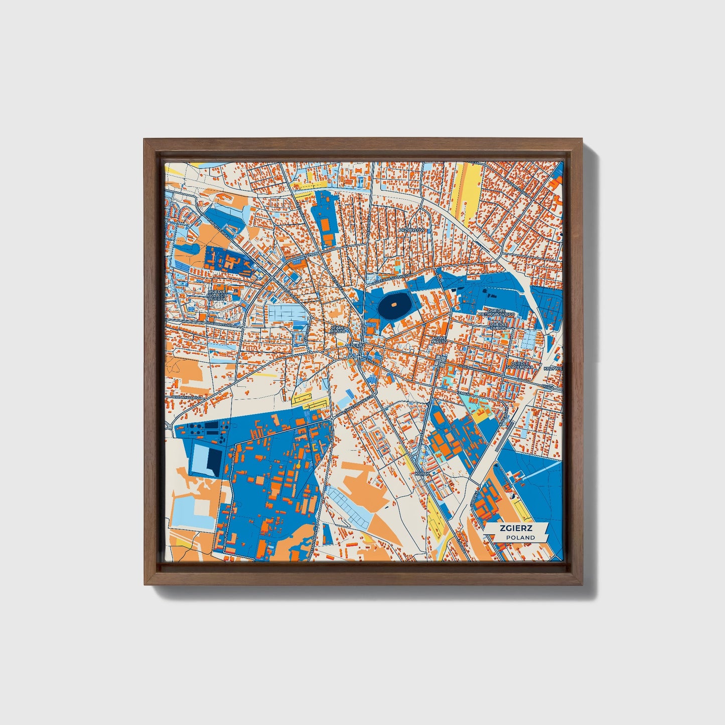 Zgierz Poland Colorful City Map Canvas Print • Dark Wooden Framed