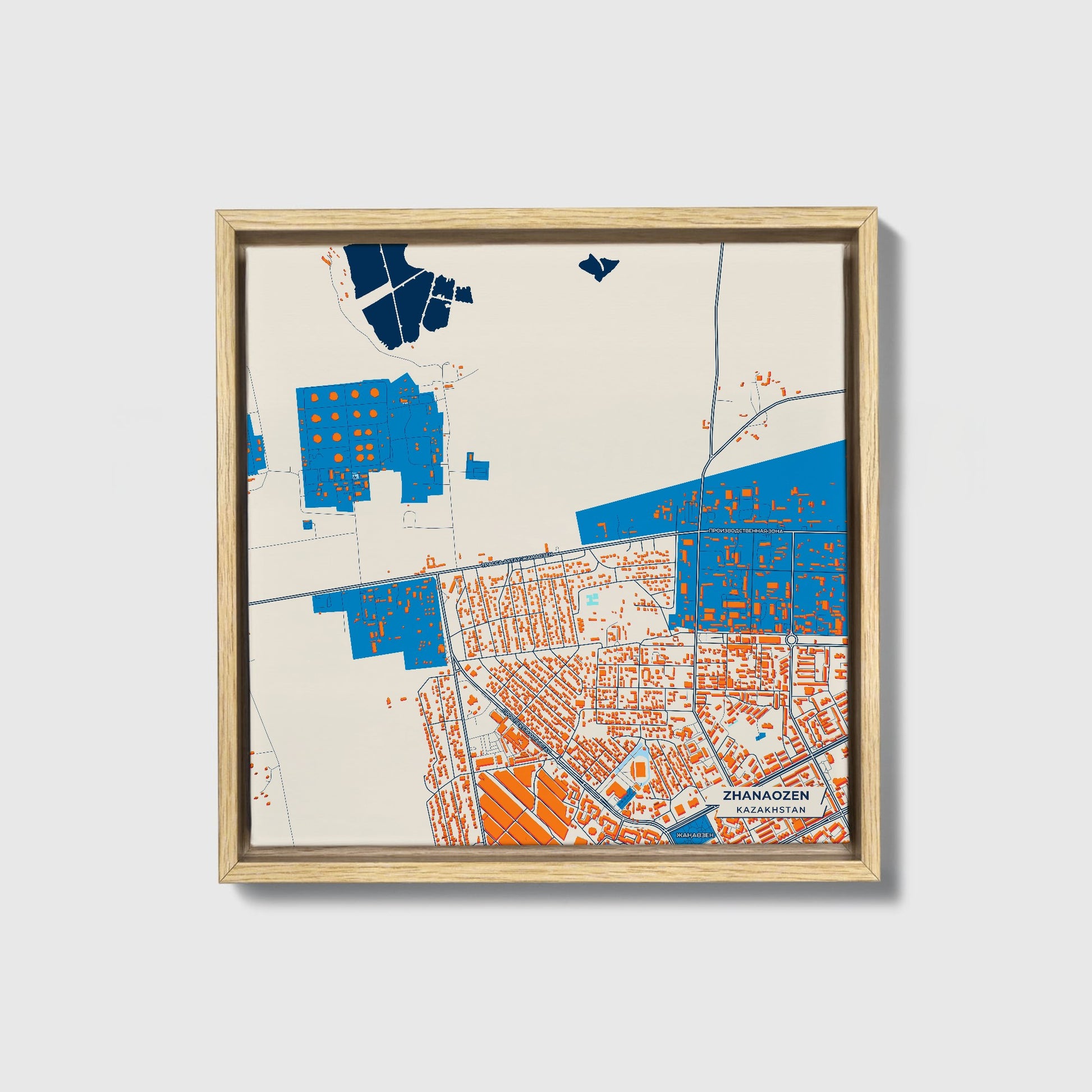 Zhanaozen Kazakhstan Colorful City Map Canvas Print • Natural Wooden Framed