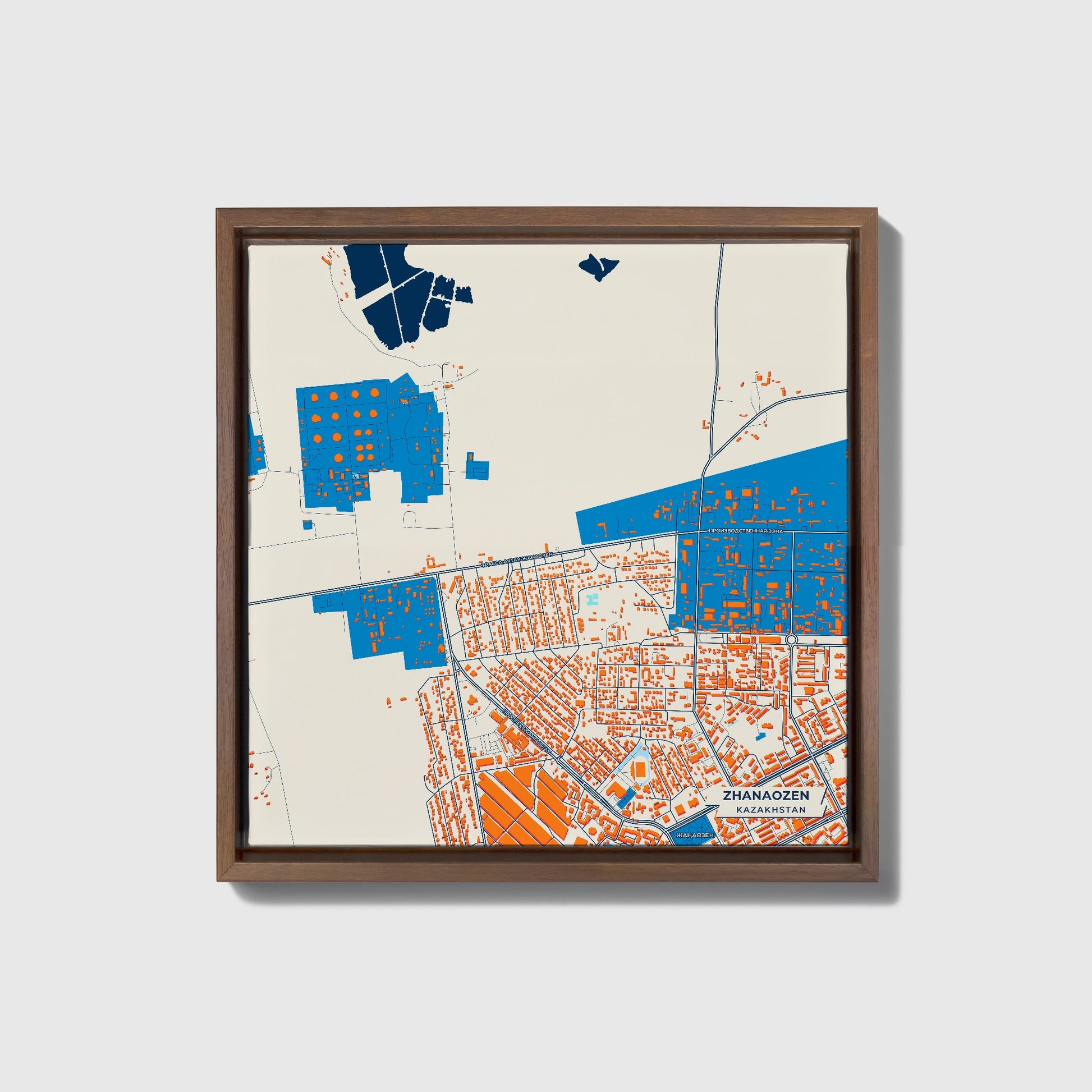 Zhanaozen Kazakhstan Colorful City Map Canvas Print • Dark Wooden Framed
