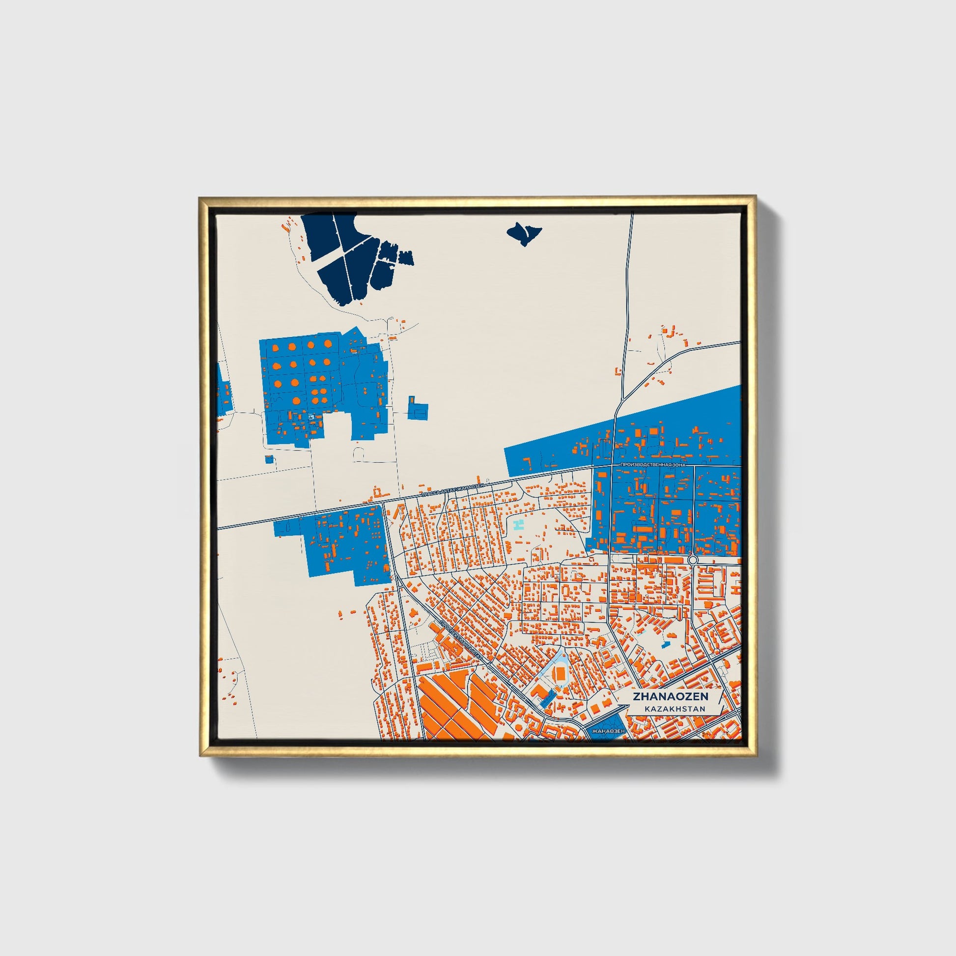 Zhanaozen Kazakhstan Colorful City Map Canvas Print • Gold Framed