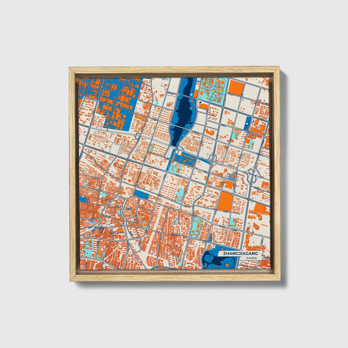 Zhangjiagang China Colorful City Map Canvas Print • Natural Wooden Framed