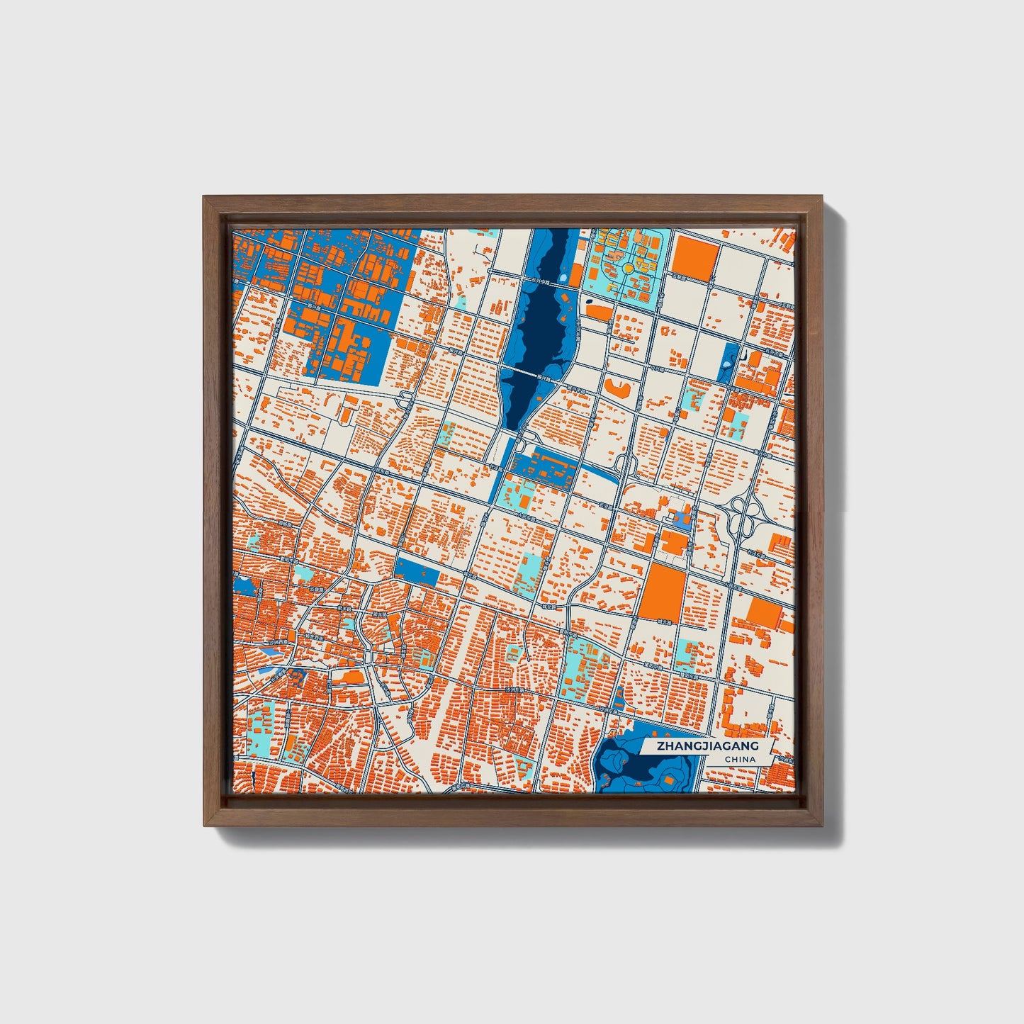 Zhangjiagang China Colorful City Map Canvas Print • Dark Wooden Framed