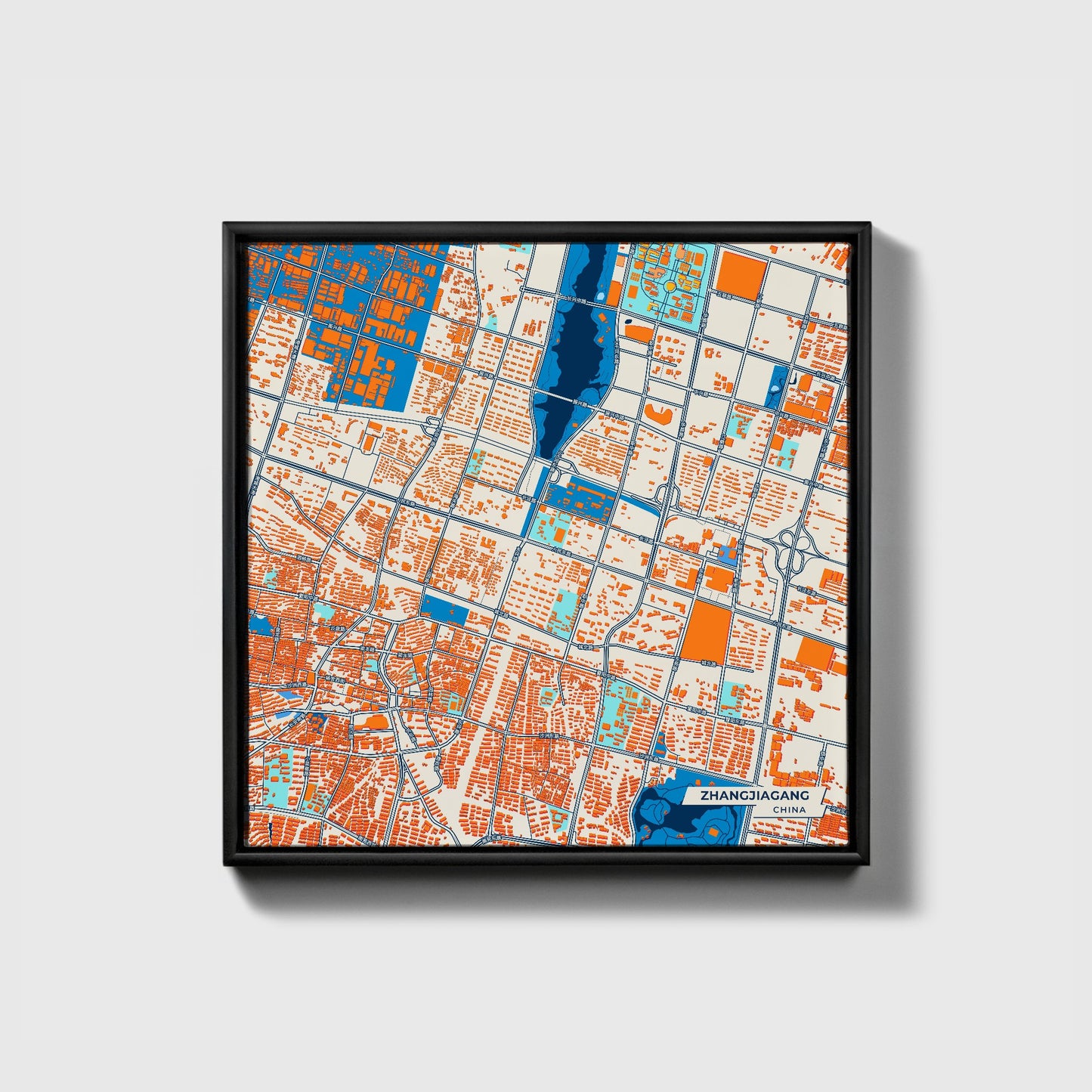 Zhangjiagang China Colorful City Map Canvas Print • Black Framed