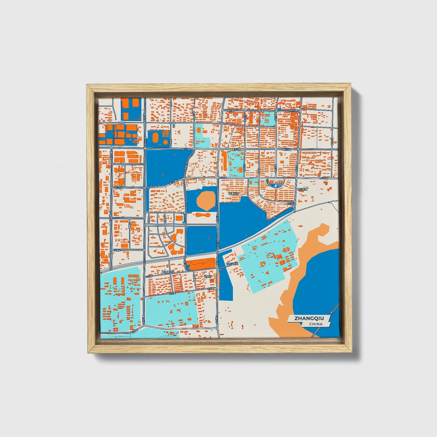 Zhangqiu China Colorful City Map Canvas Print • Natural Wooden Framed