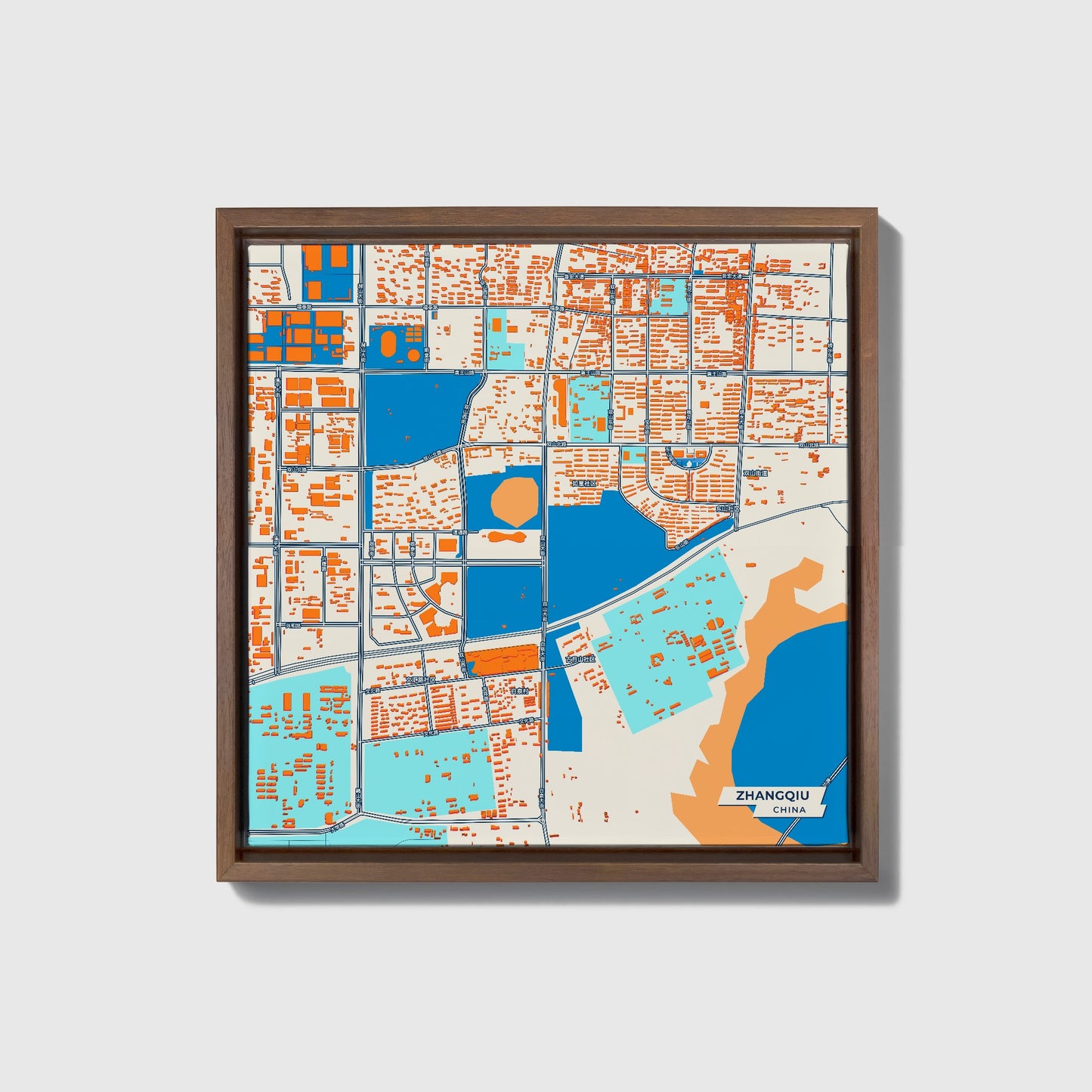 Zhangqiu China Colorful City Map Canvas Print • Dark Wooden Framed