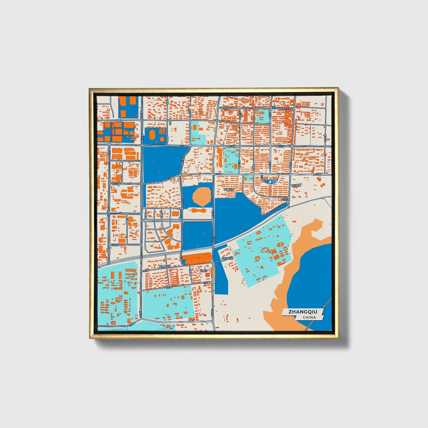 Zhangqiu China Colorful City Map Canvas Print • Gold Framed