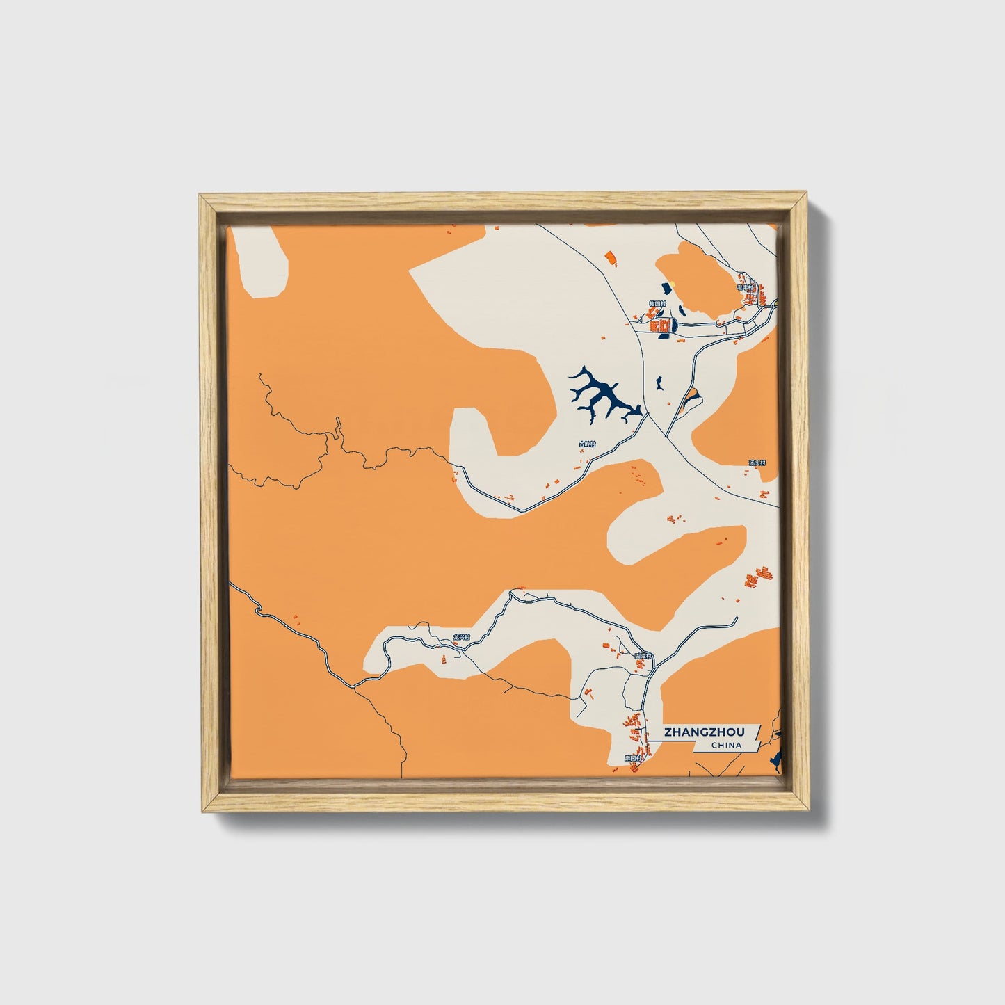 Zhangzhou China Colorful City Map Canvas Print • Natural Wooden Framed