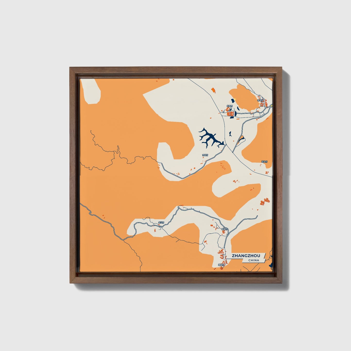 Zhangzhou China Colorful City Map Canvas Print • Dark Wooden Framed