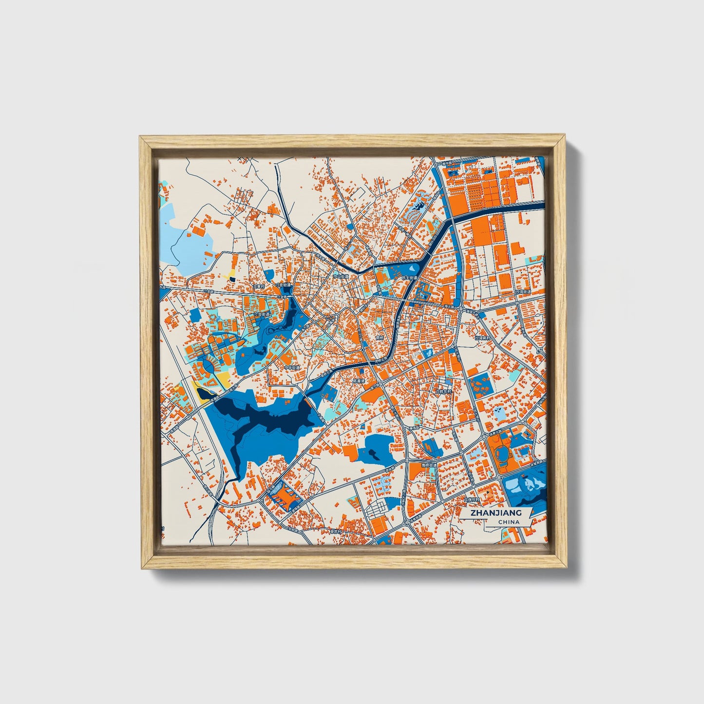 Zhanjiang China Colorful City Map Canvas Print • Natural Wooden Framed
