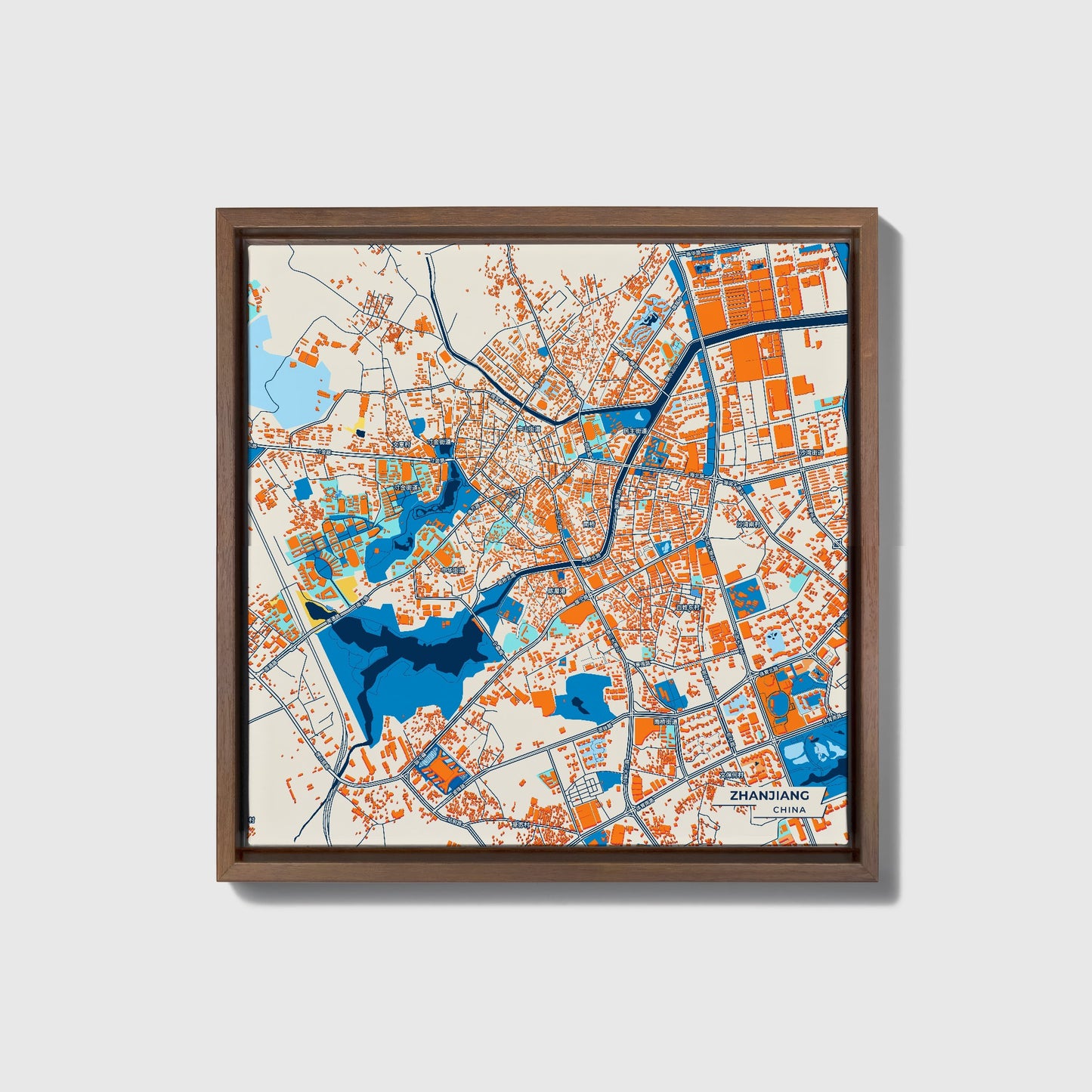 Zhanjiang China Colorful City Map Canvas Print • Dark Wooden Framed
