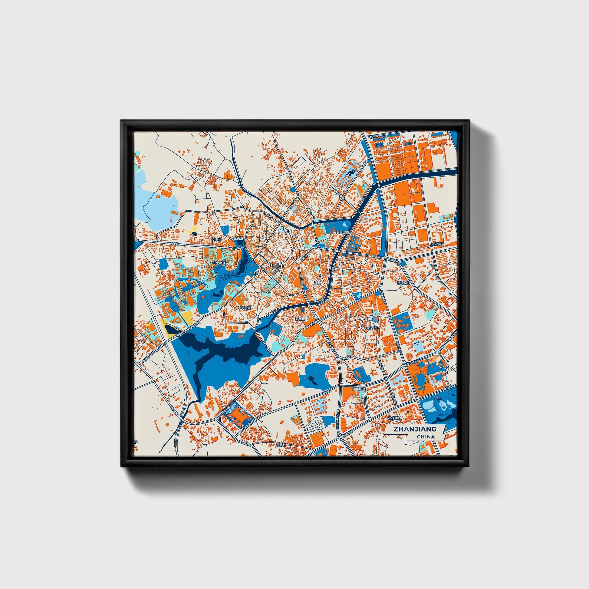 Zhanjiang China Colorful City Map Canvas Print • Black Framed
