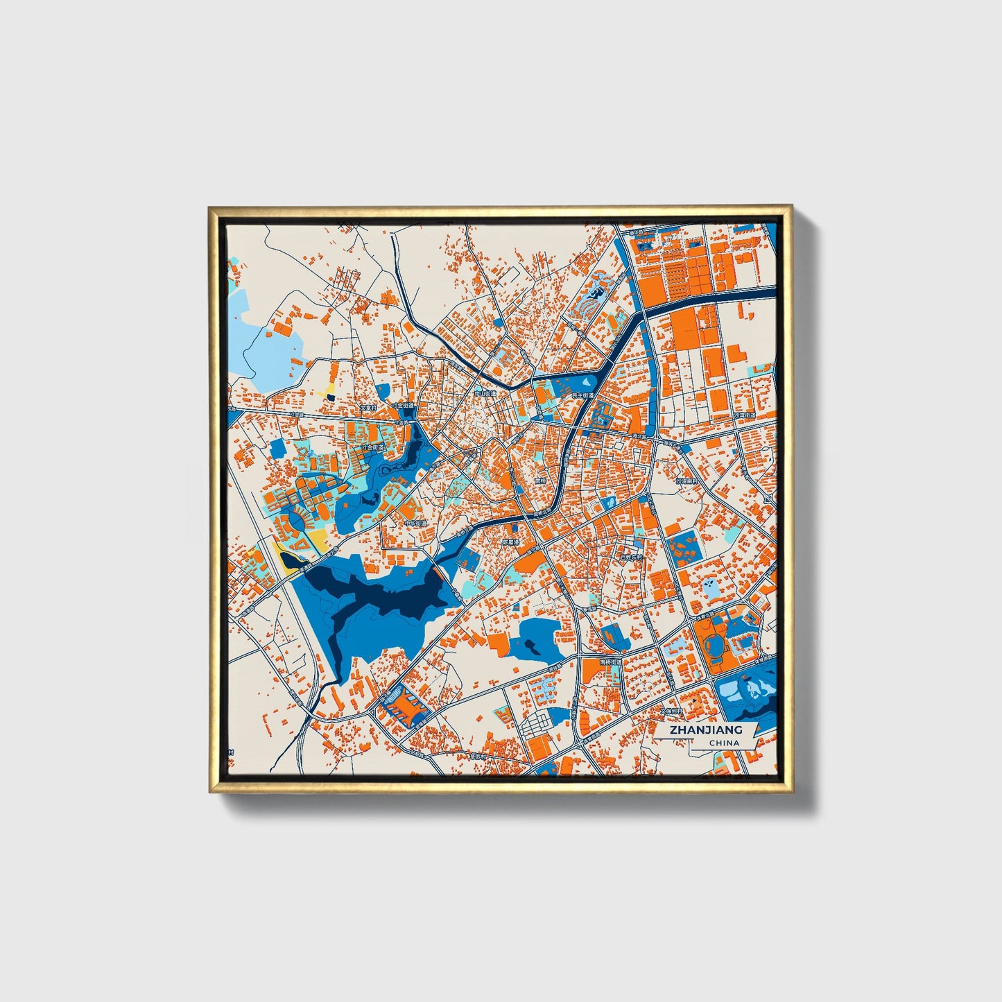 Zhanjiang China Colorful City Map Canvas Print • Gold Framed