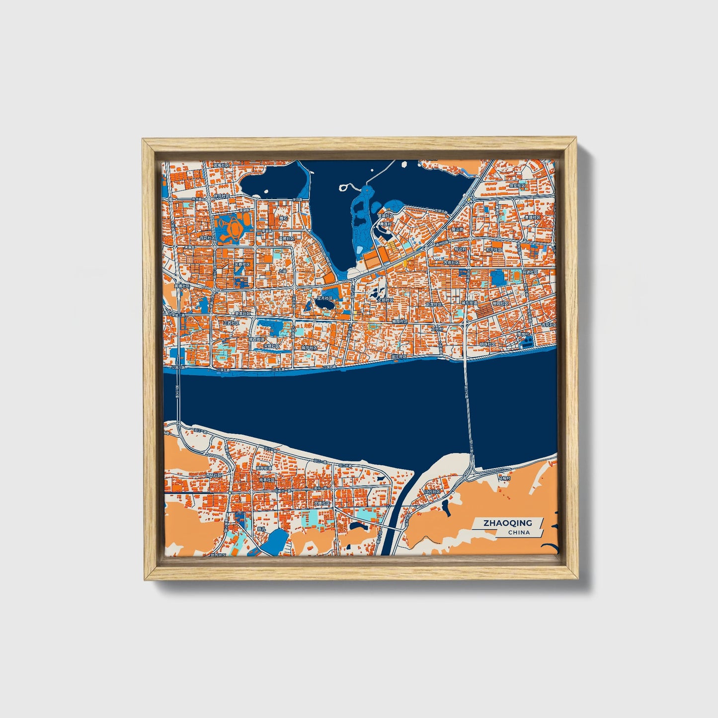 Zhaoqing China Colorful City Map Canvas Print • Natural Wooden Framed