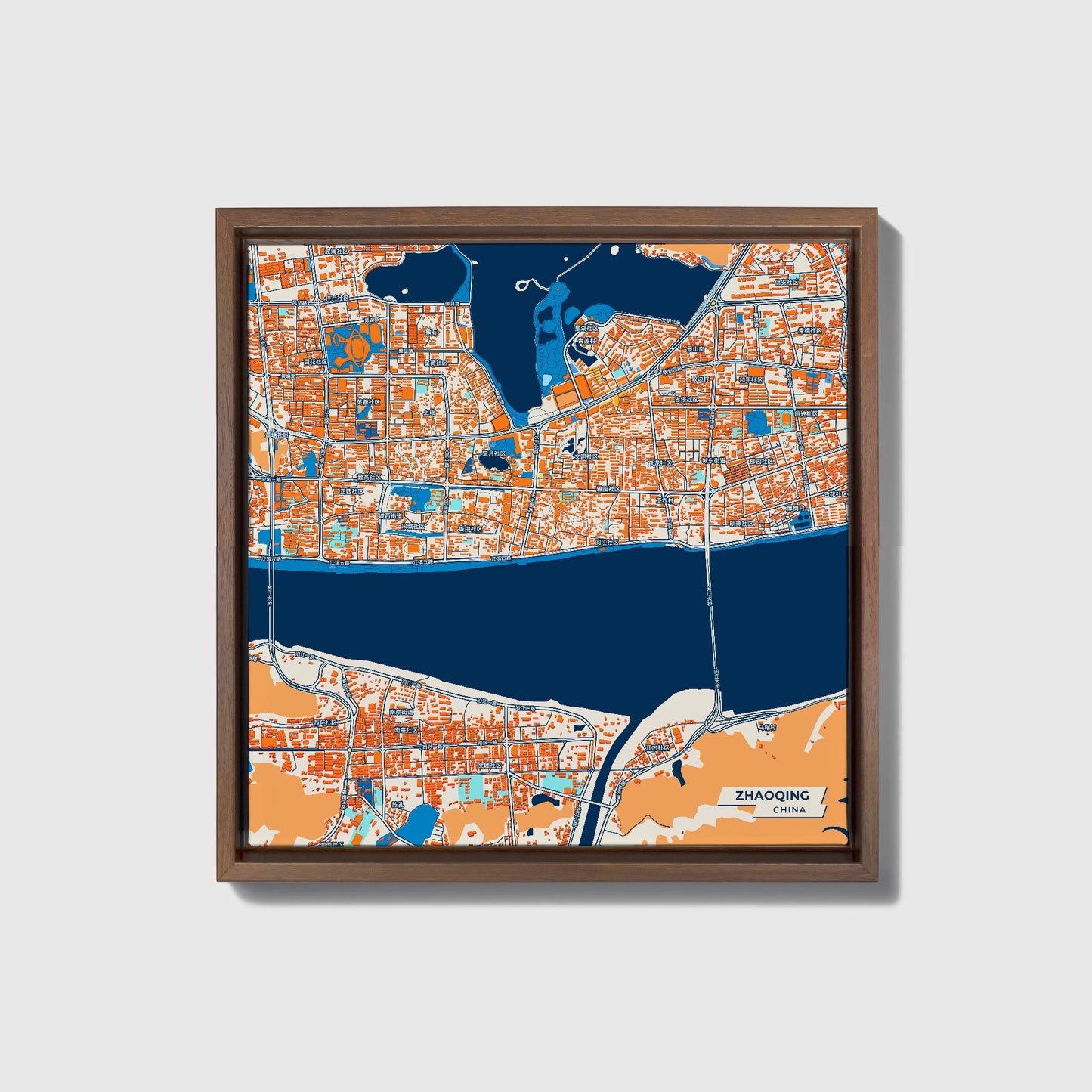 Zhaoqing China Colorful City Map Canvas Print • Dark Wooden Framed