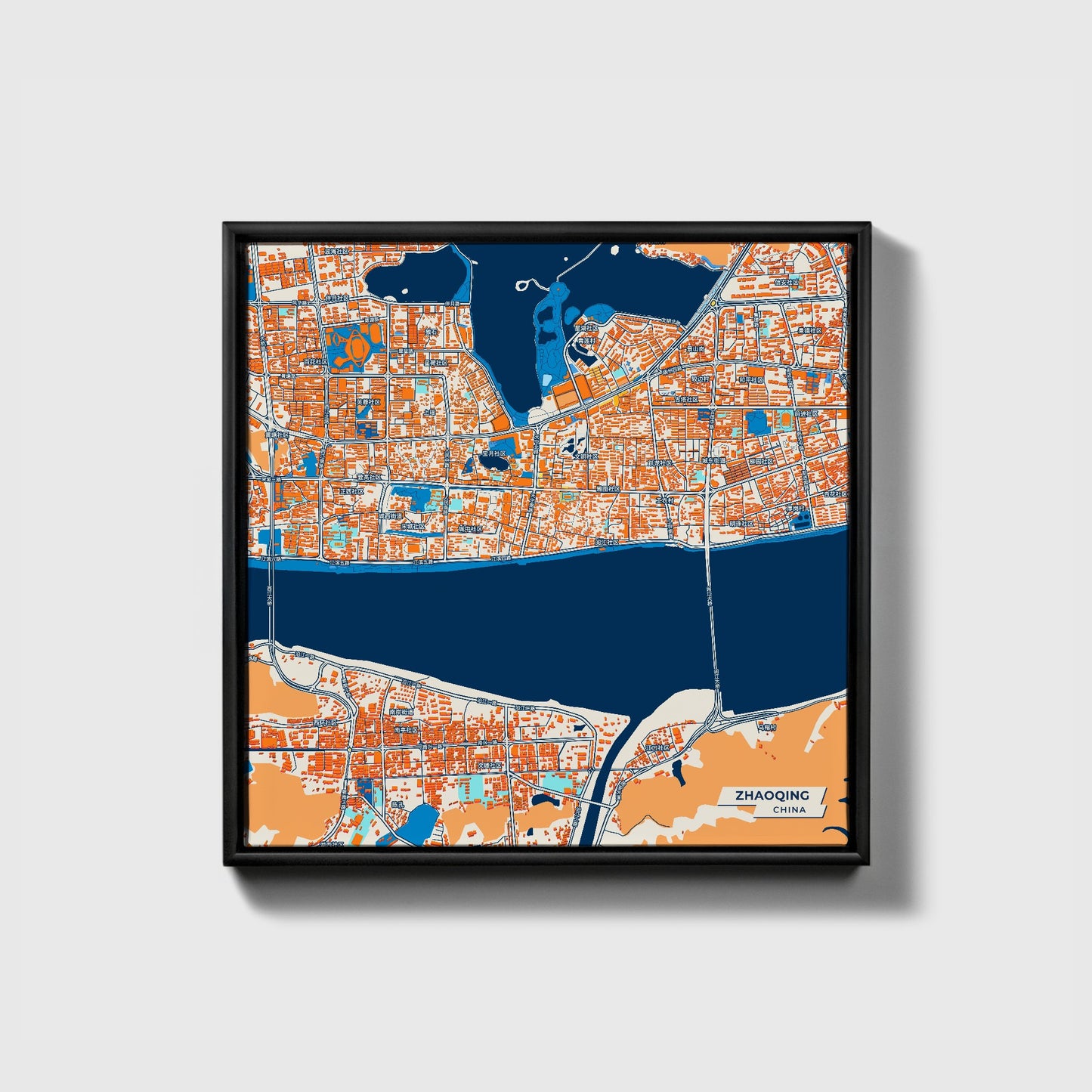 Zhaoqing China Colorful City Map Canvas Print • Black Framed