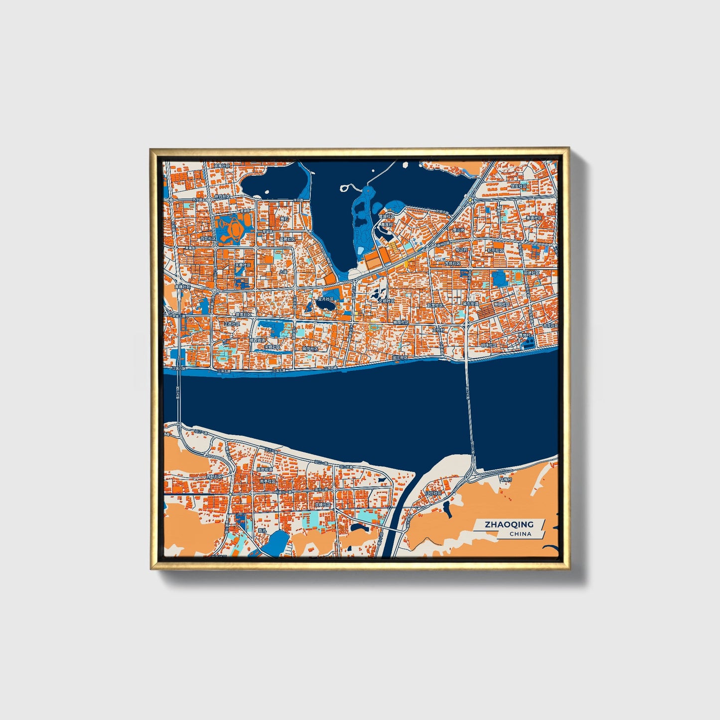 Zhaoqing China Colorful City Map Canvas Print • Gold Framed