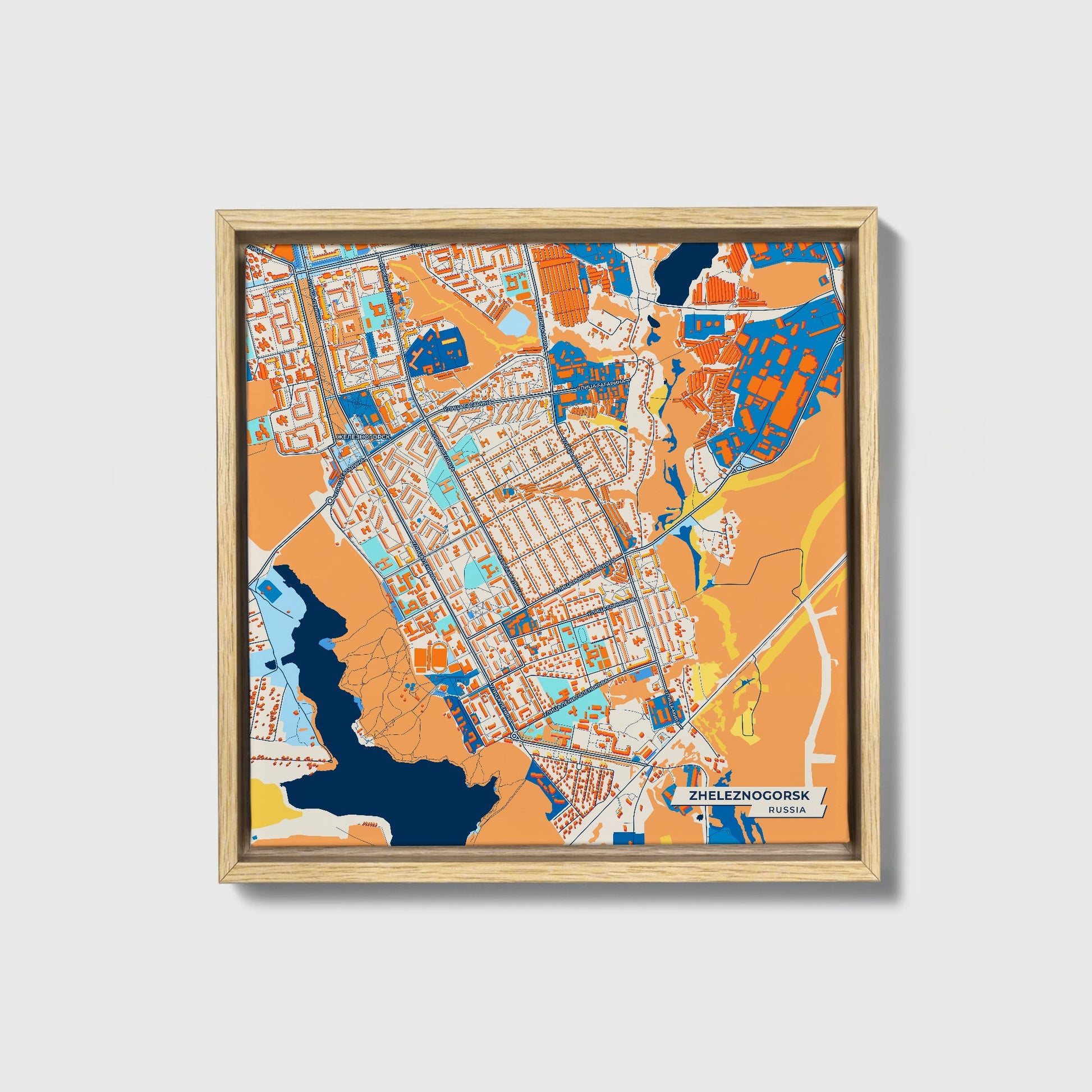 Железногорск Russia Colorful City Map Canvas Print • Natural Wooden Framed