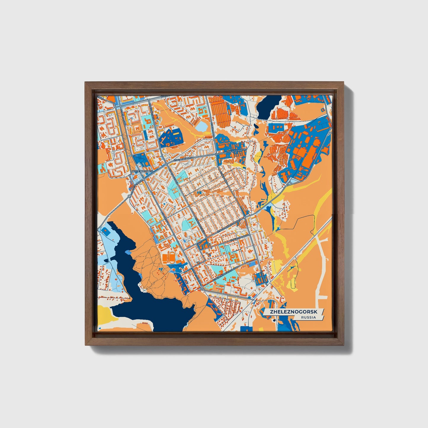Железногорск Russia Colorful City Map Canvas Print • Dark Wooden Framed