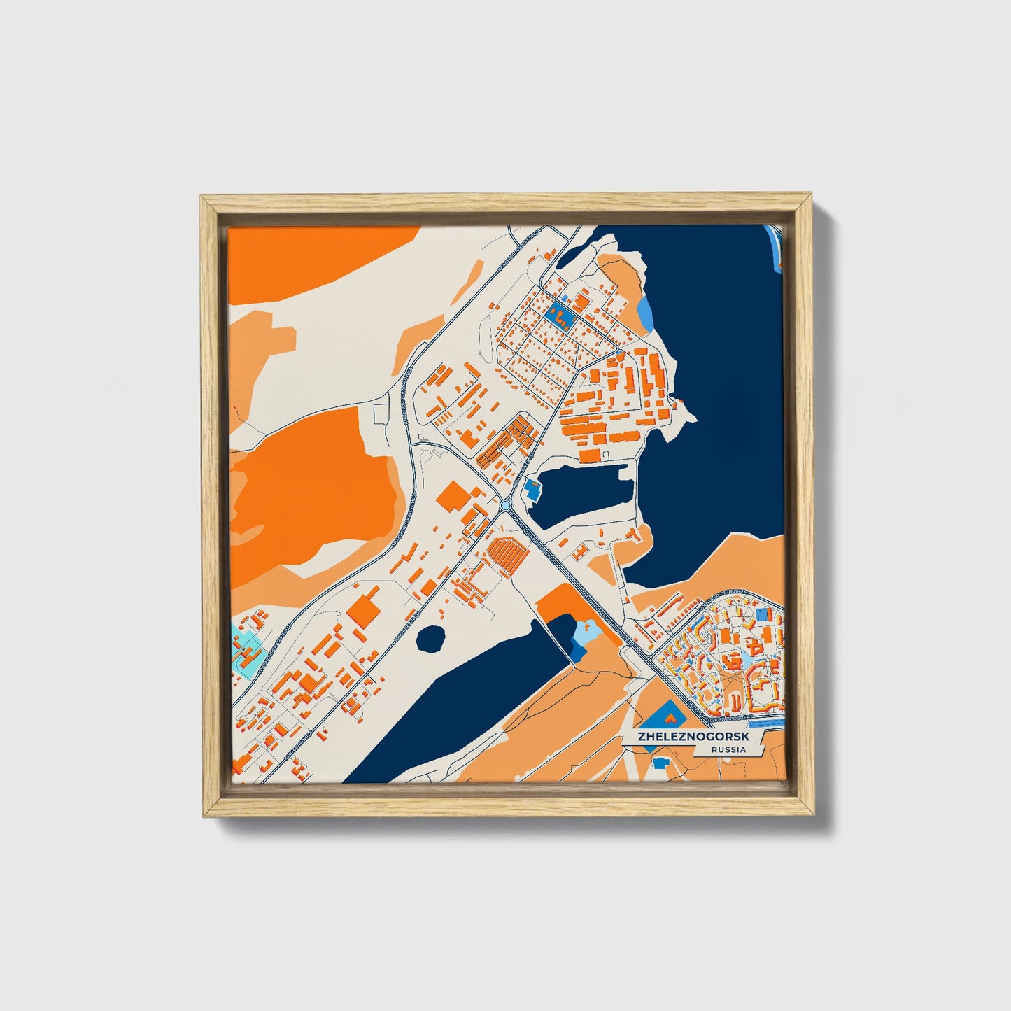 Железногорск Russia Colorful City Map Canvas Print • Natural Wooden Framed