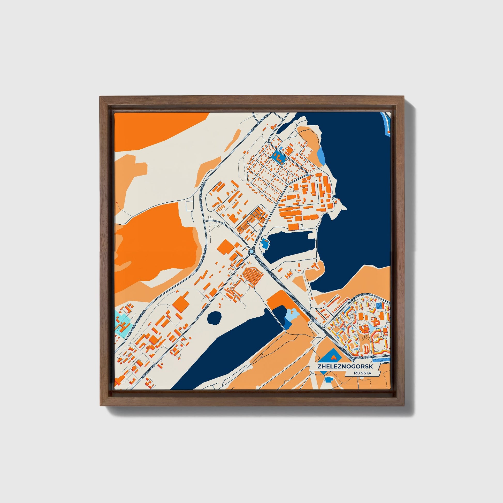 Железногорск Russia Colorful City Map Canvas Print • Dark Wooden Framed