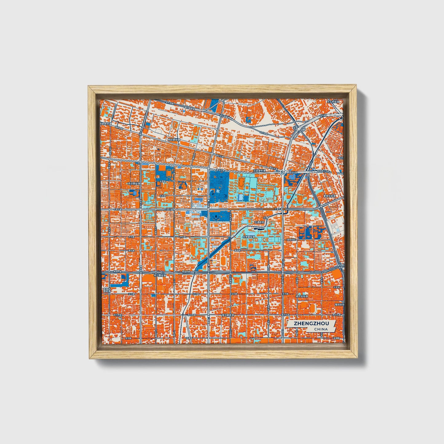 Zhengzhou China Colorful City Map Canvas Print • Natural Wooden Framed
