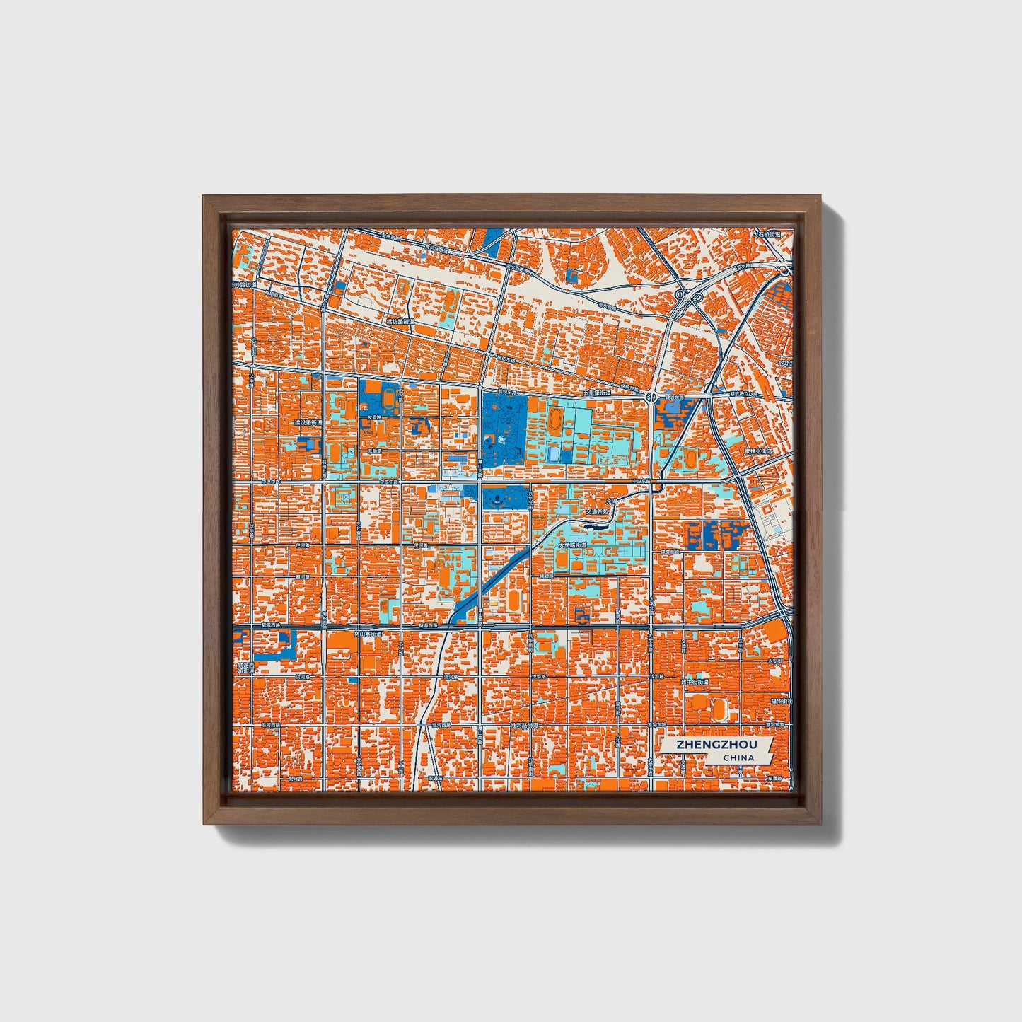 Zhengzhou China Colorful City Map Canvas Print • Dark Wooden Framed