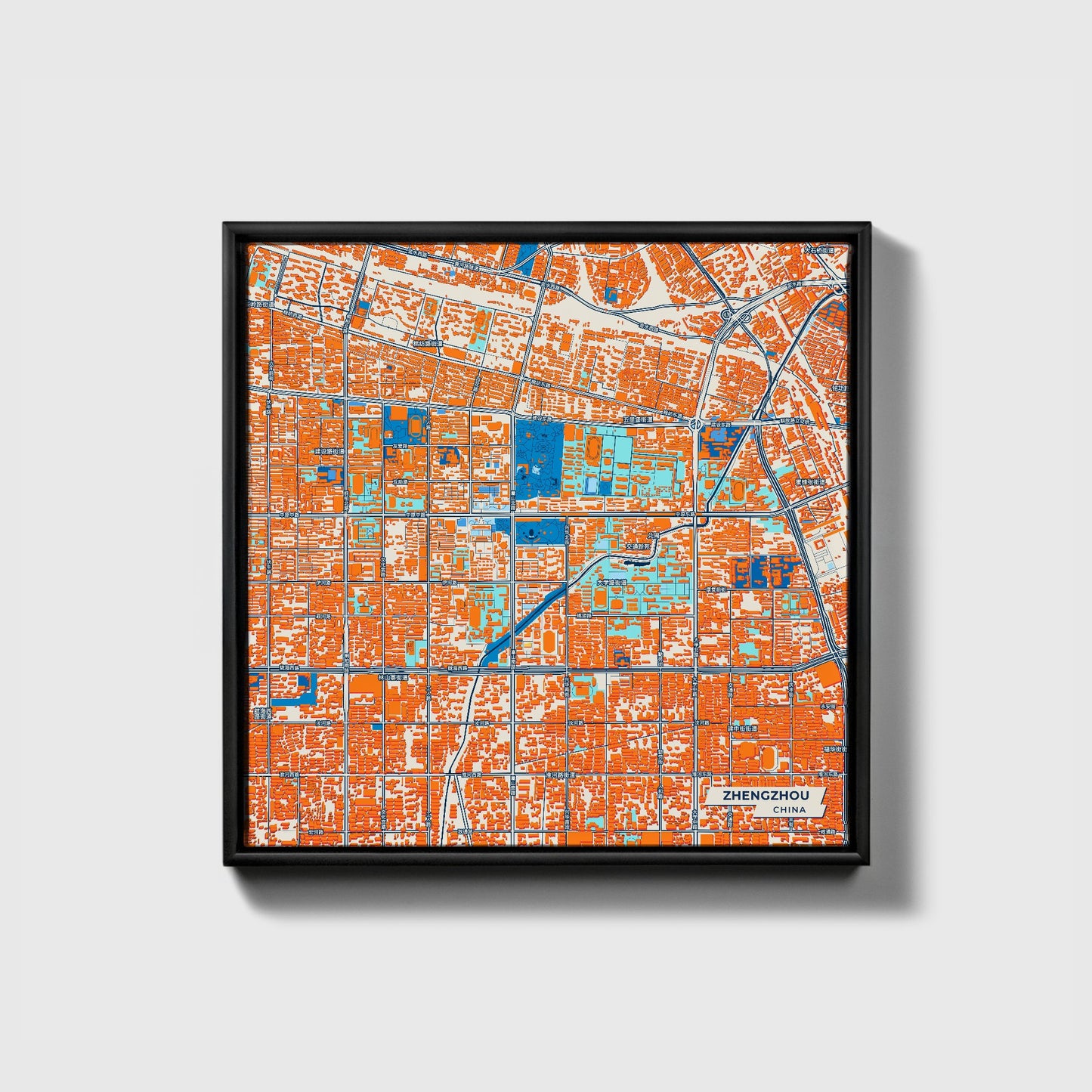 Zhengzhou China Colorful City Map Canvas Print • Black Framed