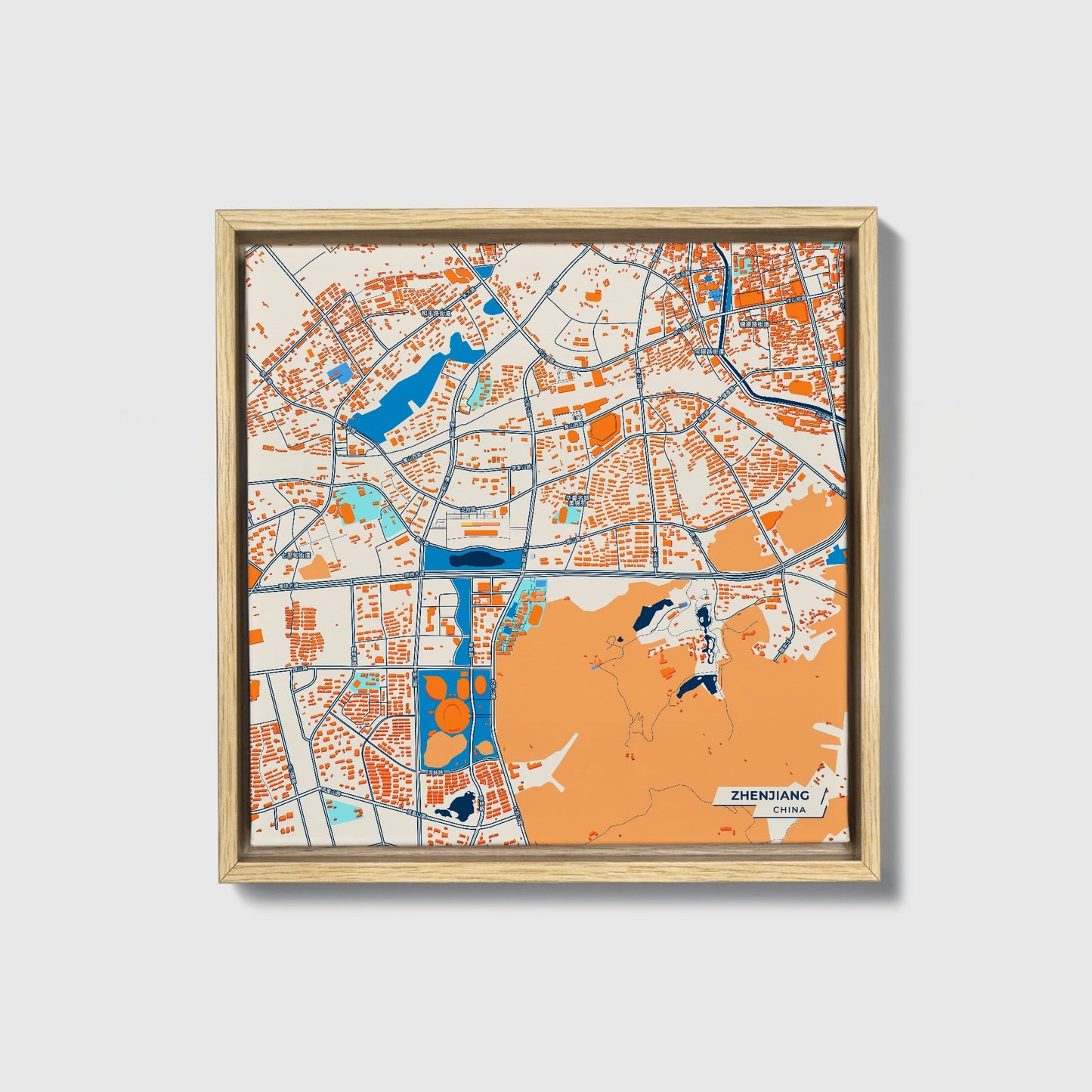 Zhenjiang China Colorful City Map Canvas Print • Natural Wooden Framed