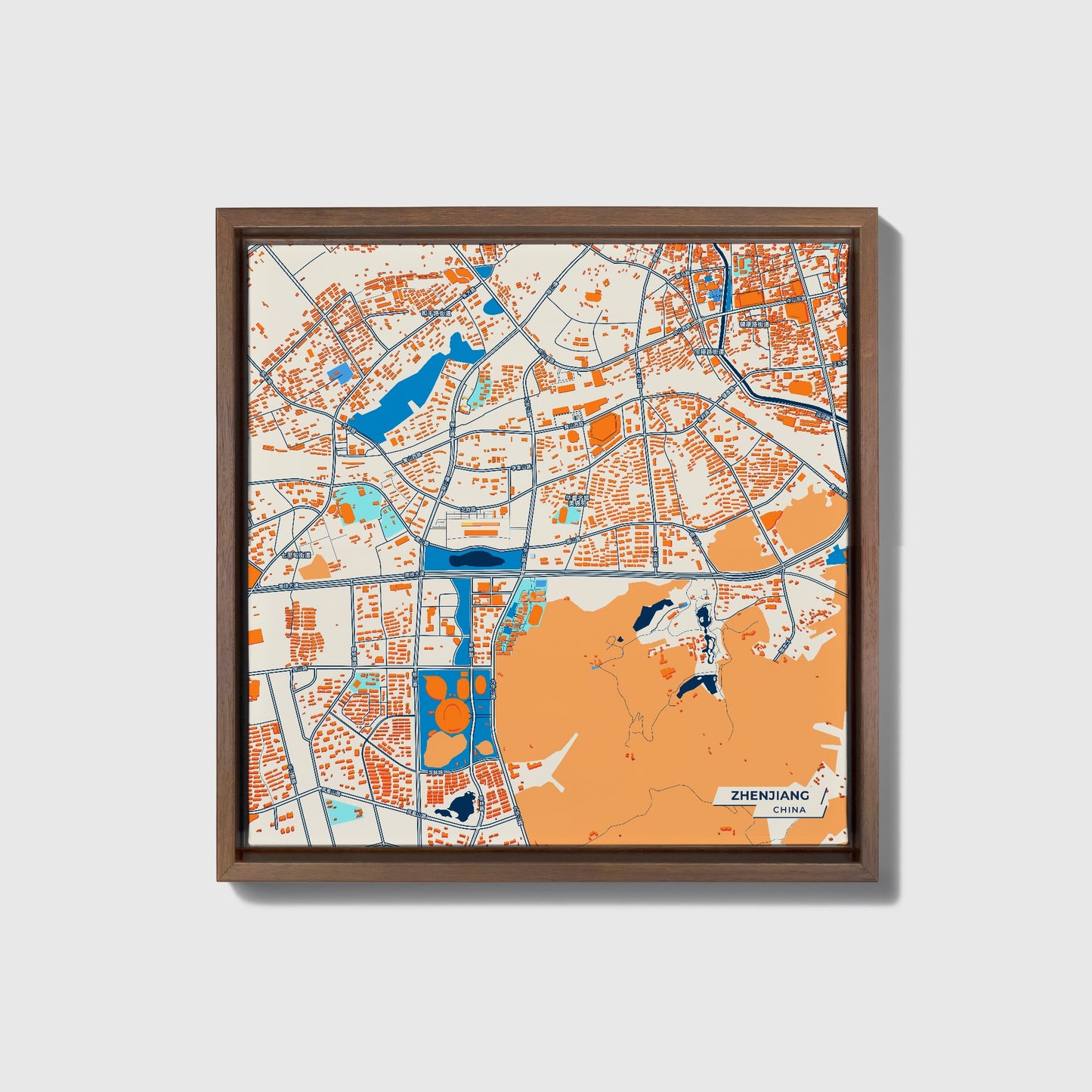 Zhenjiang China Colorful City Map Canvas Print • Dark Wooden Framed