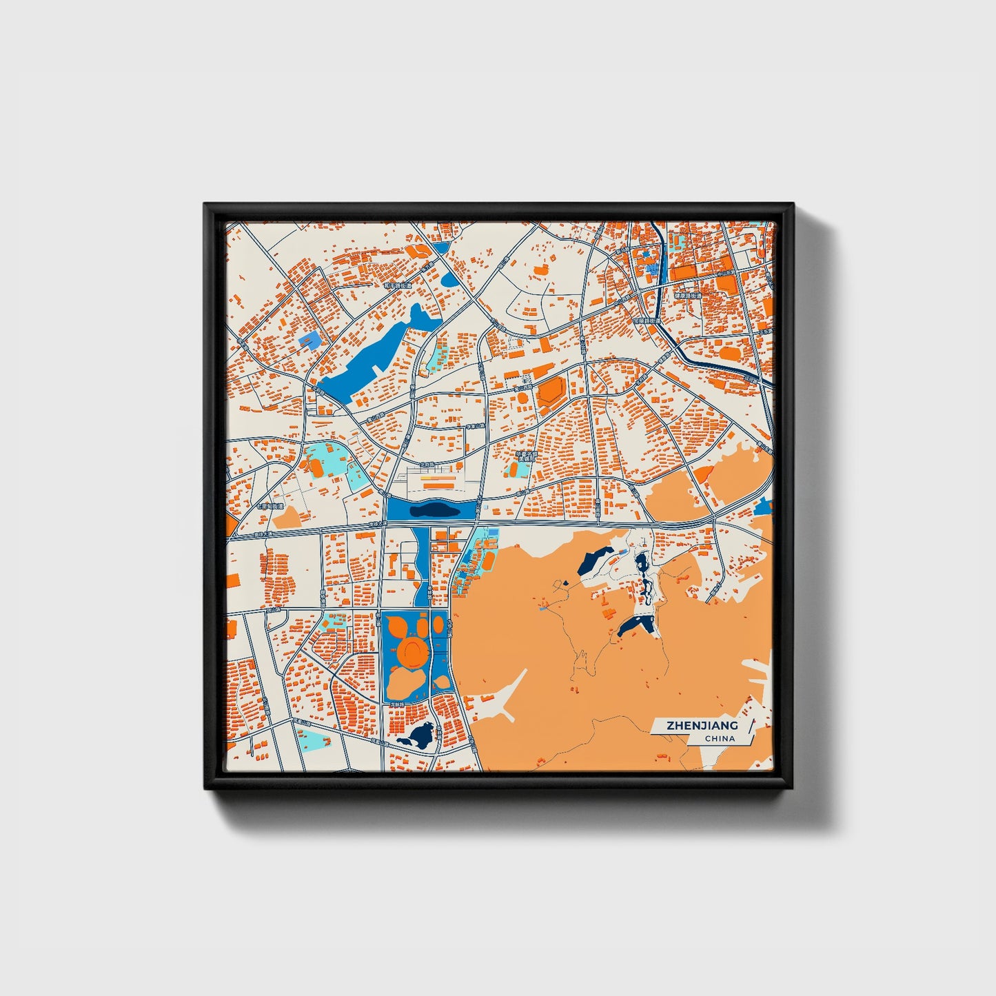 Zhenjiang China Colorful City Map Canvas Print • Black Framed