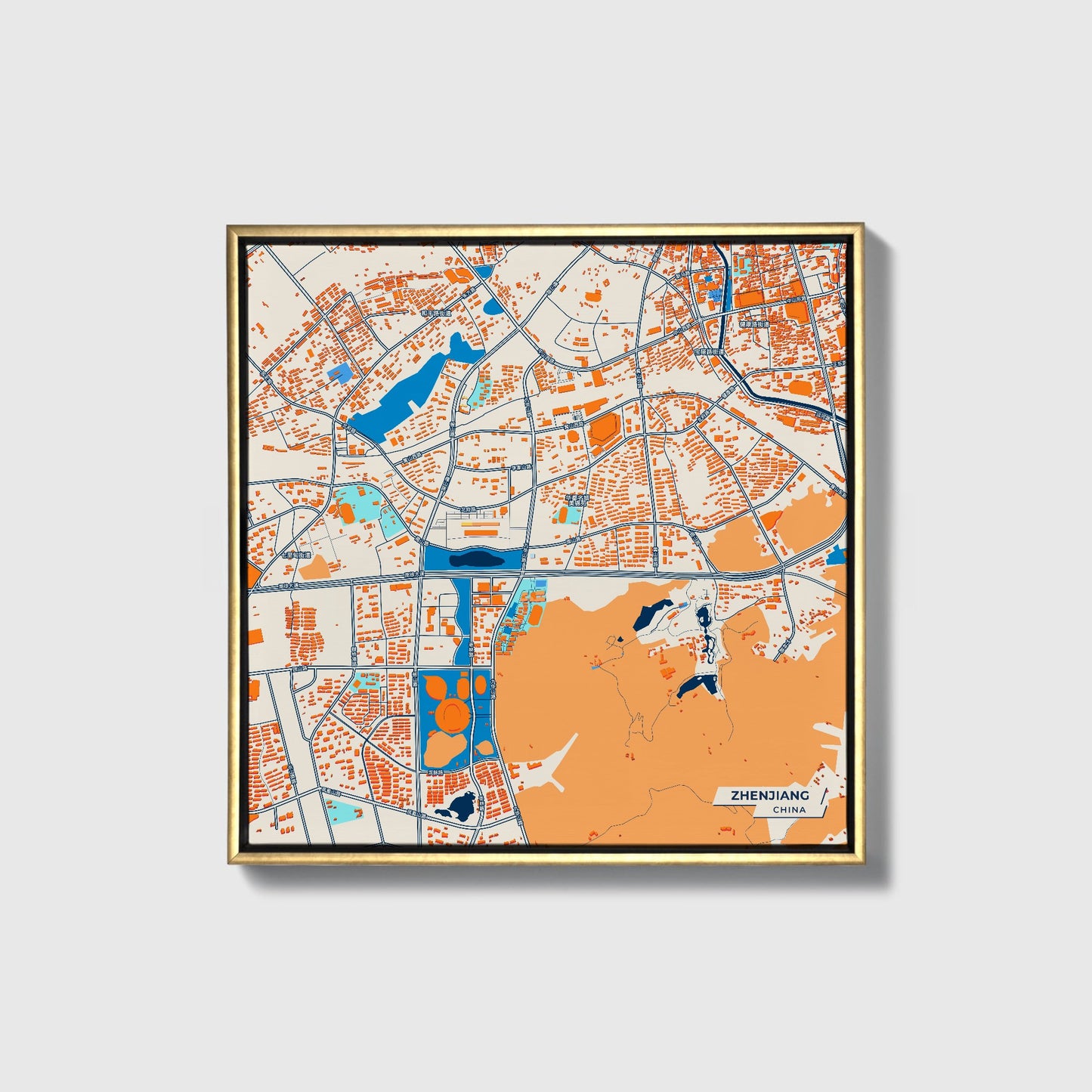 Zhenjiang China Colorful City Map Canvas Print • Gold Framed
