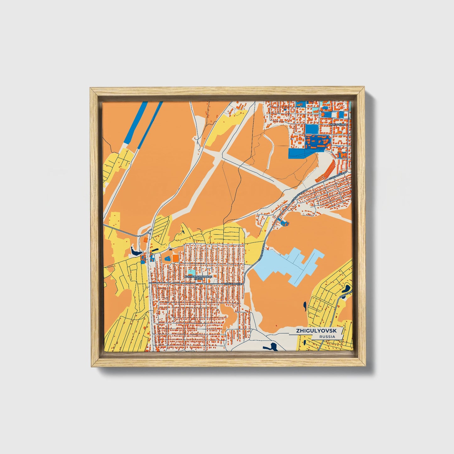 Жигулевск Russia Colorful City Map Canvas Print • Natural Wooden Framed