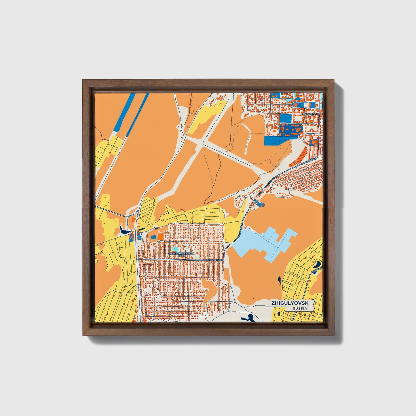 Жигулевск Russia Colorful City Map Canvas Print • Dark Wooden Framed
