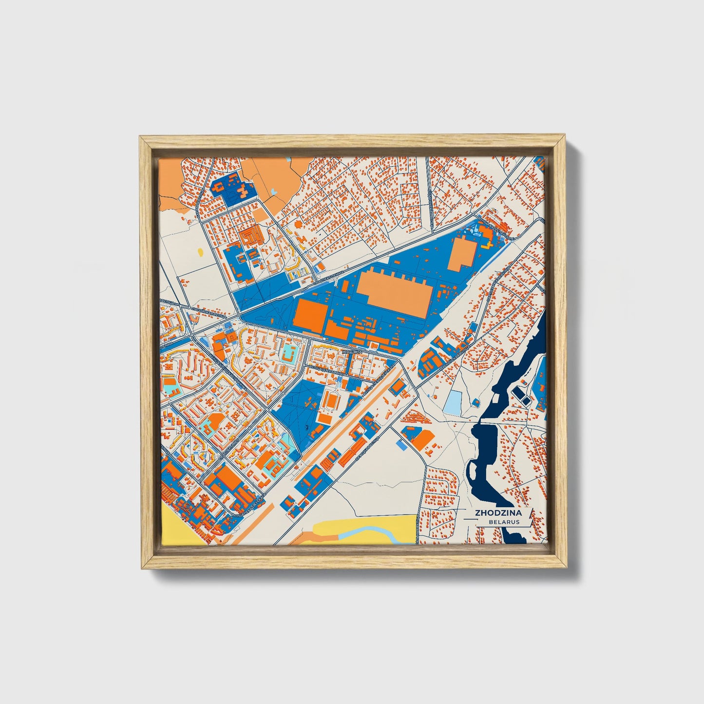 Жодзіна Belarus Colorful City Map Canvas Print • Natural Wooden Framed