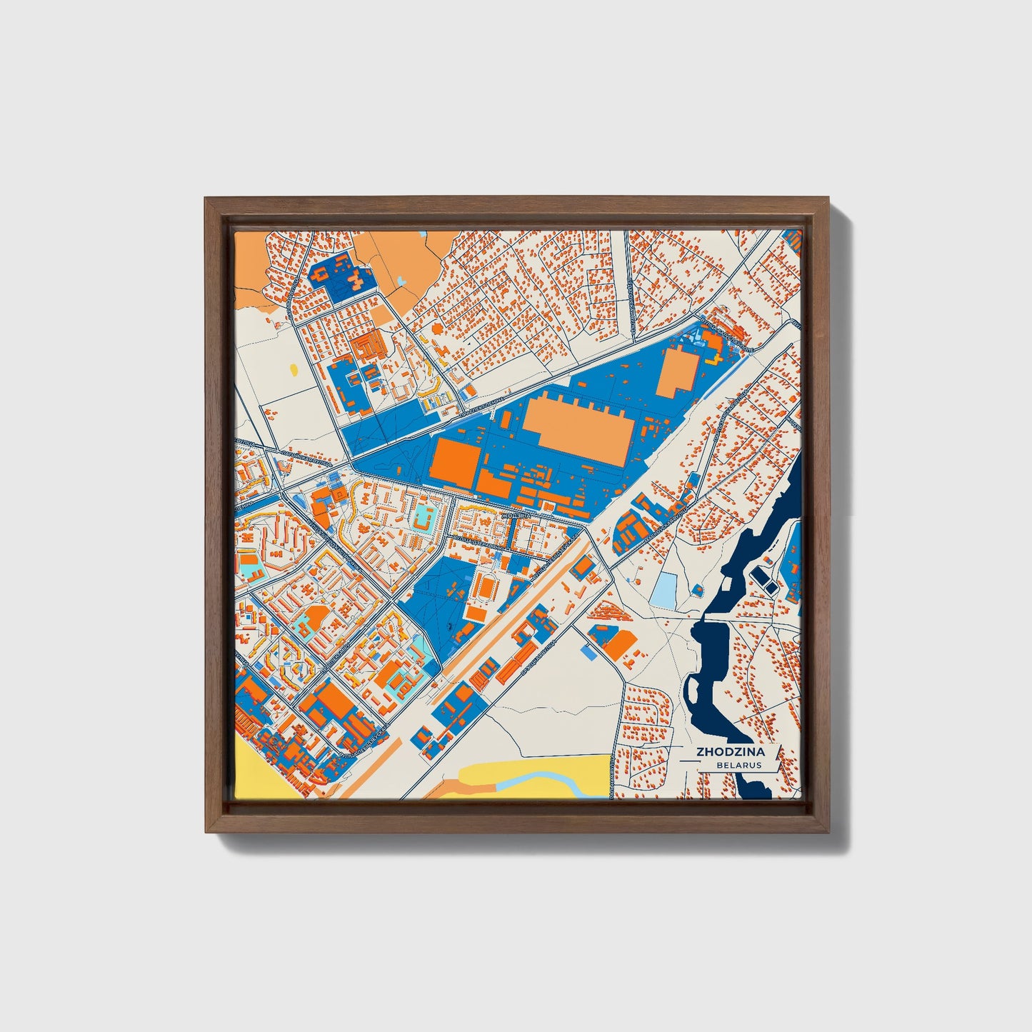 Жодзіна Belarus Colorful City Map Canvas Print • Dark Wooden Framed
