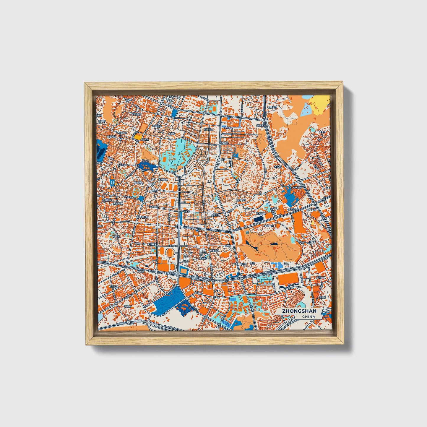 Zhongshan China Colorful City Map Canvas Print • Natural Wooden Framed