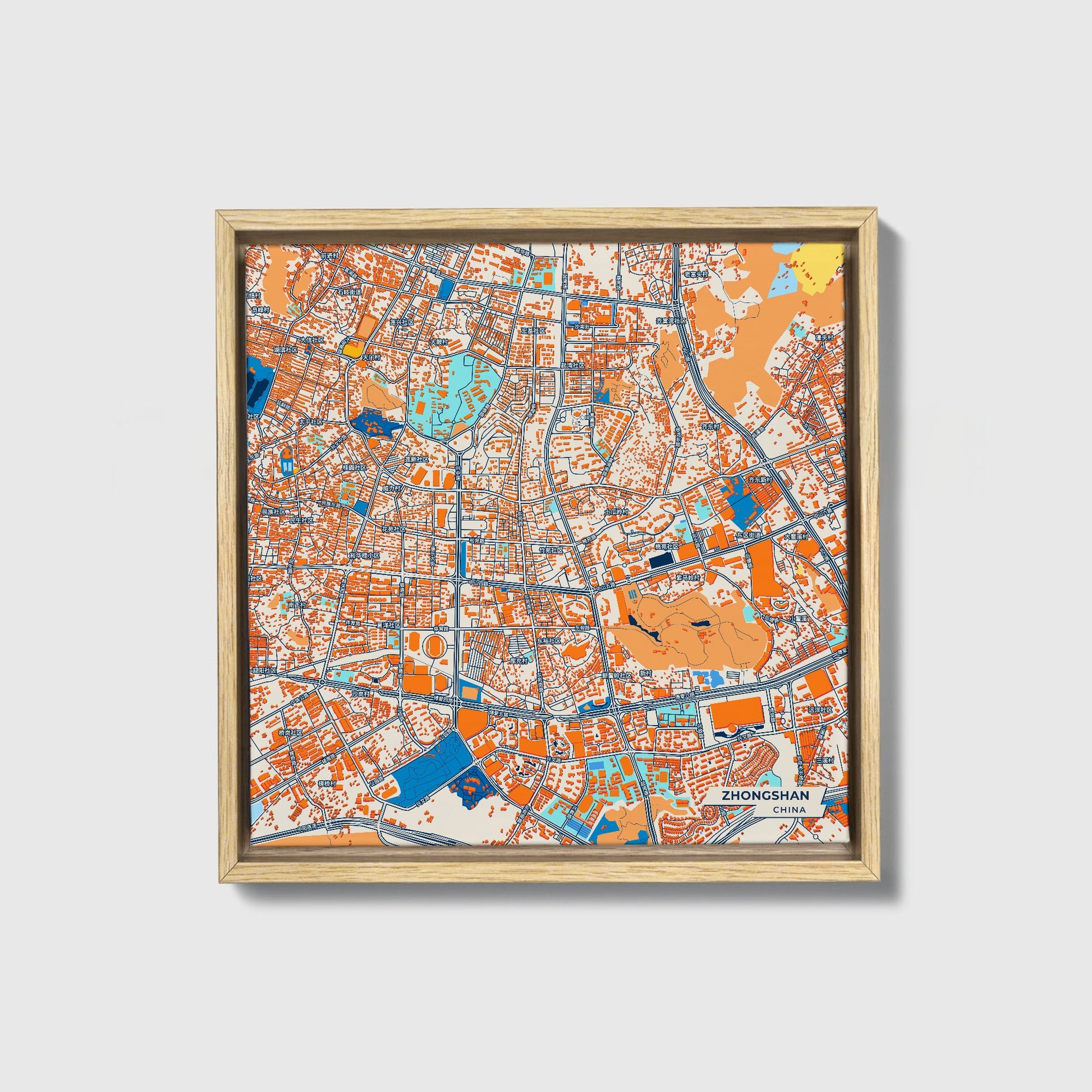 Zhongshan China Colorful City Map Canvas Print • Natural Wooden Framed