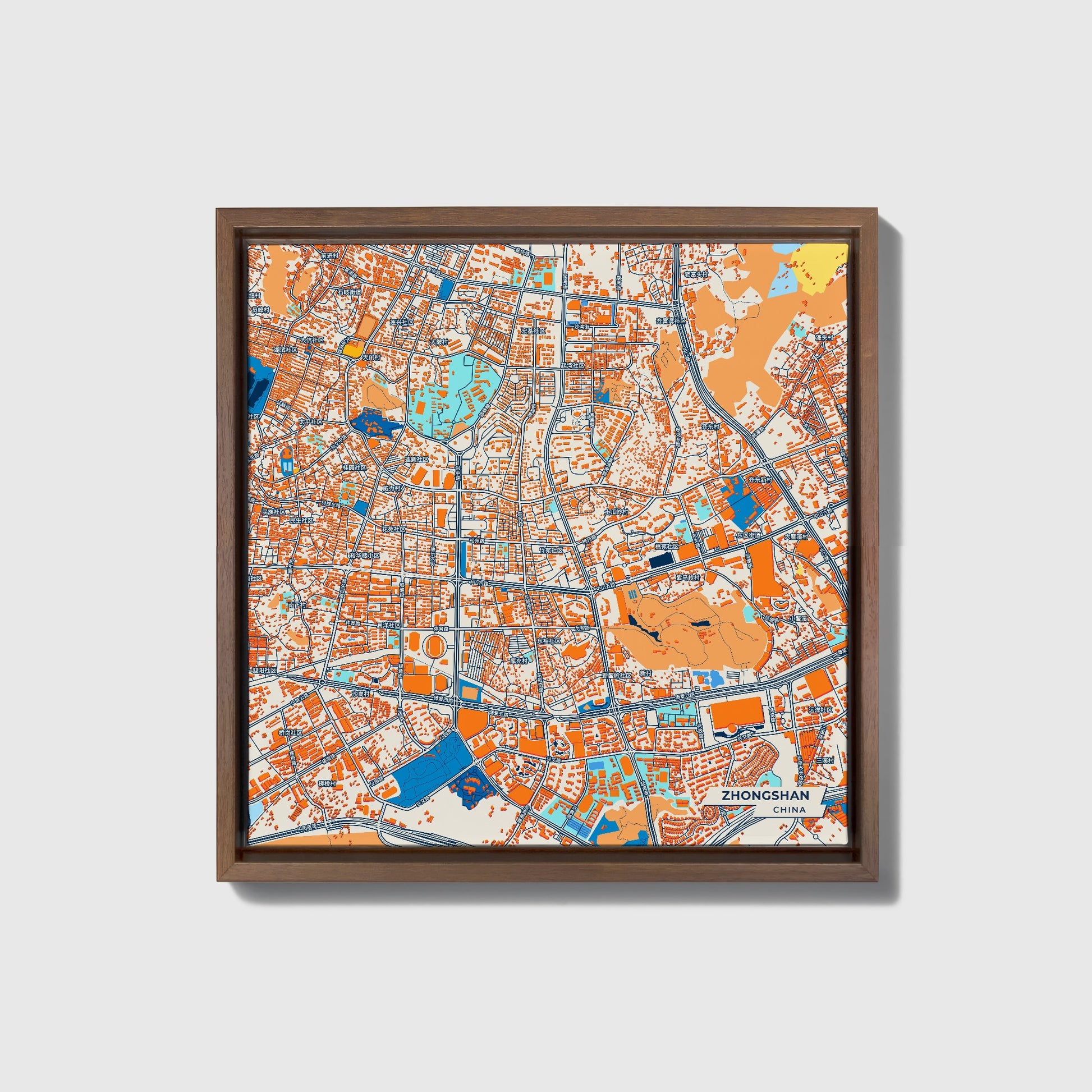 Zhongshan China Colorful City Map Canvas Print • Dark Wooden Framed