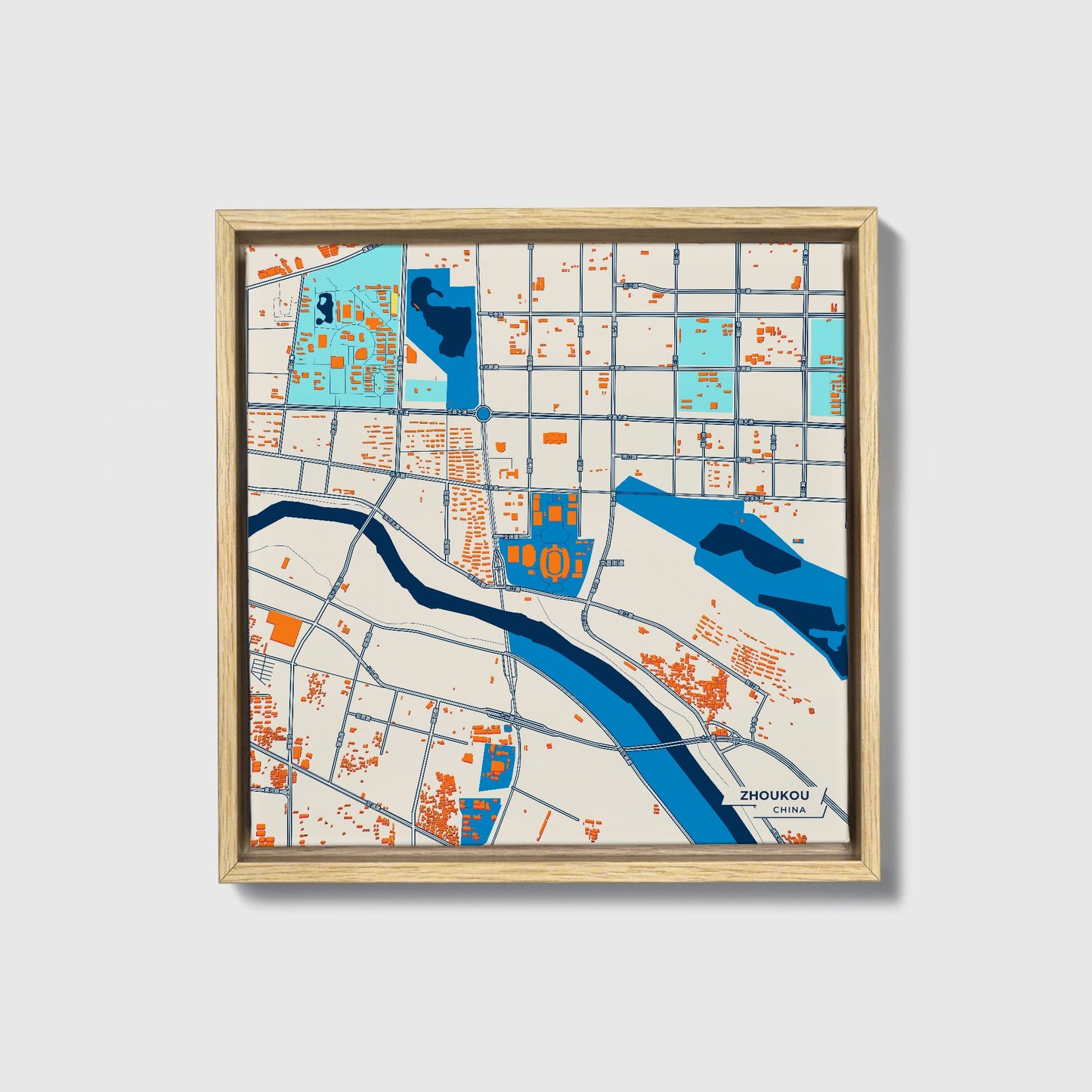Zhoukou China Colorful City Map Canvas Print • Natural Wooden Framed
