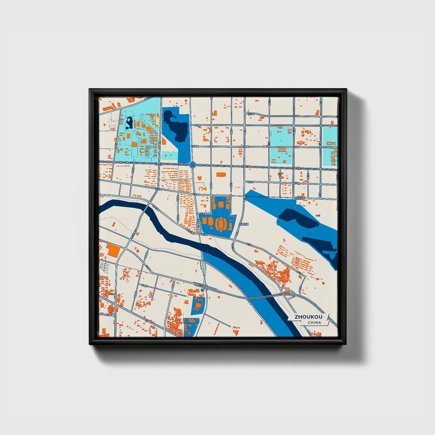 Zhoukou China Colorful City Map Canvas Print • Black Framed