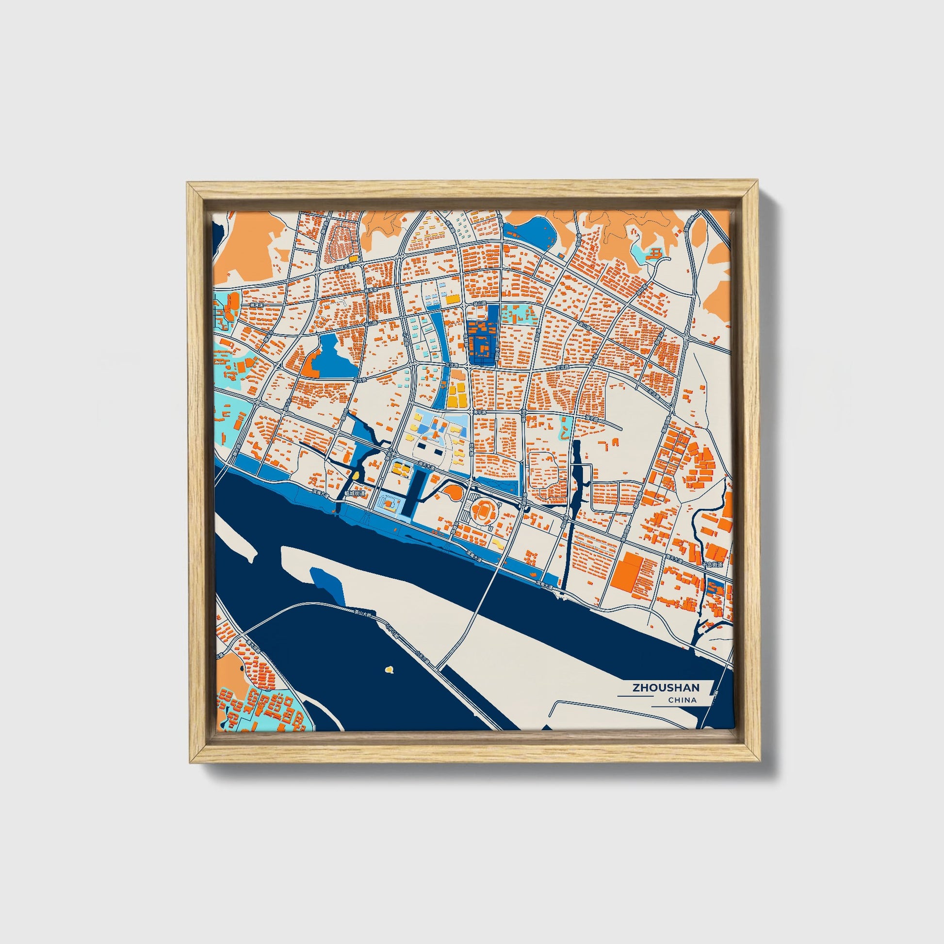 Zhoushan China Colorful City Map Canvas Print • Natural Wooden Framed