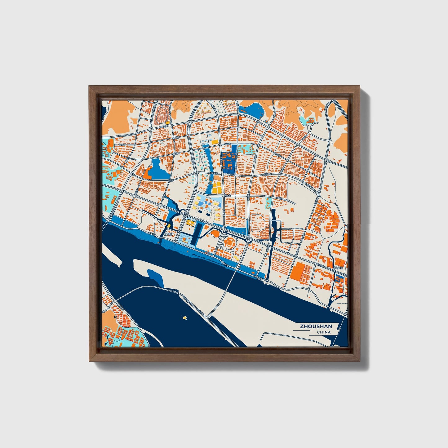 Zhoushan China Colorful City Map Canvas Print • Dark Wooden Framed