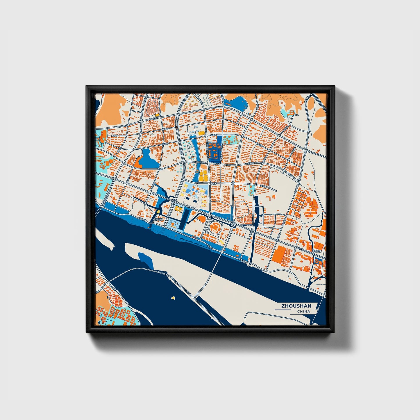 Zhoushan China Colorful City Map Canvas Print • Black Framed