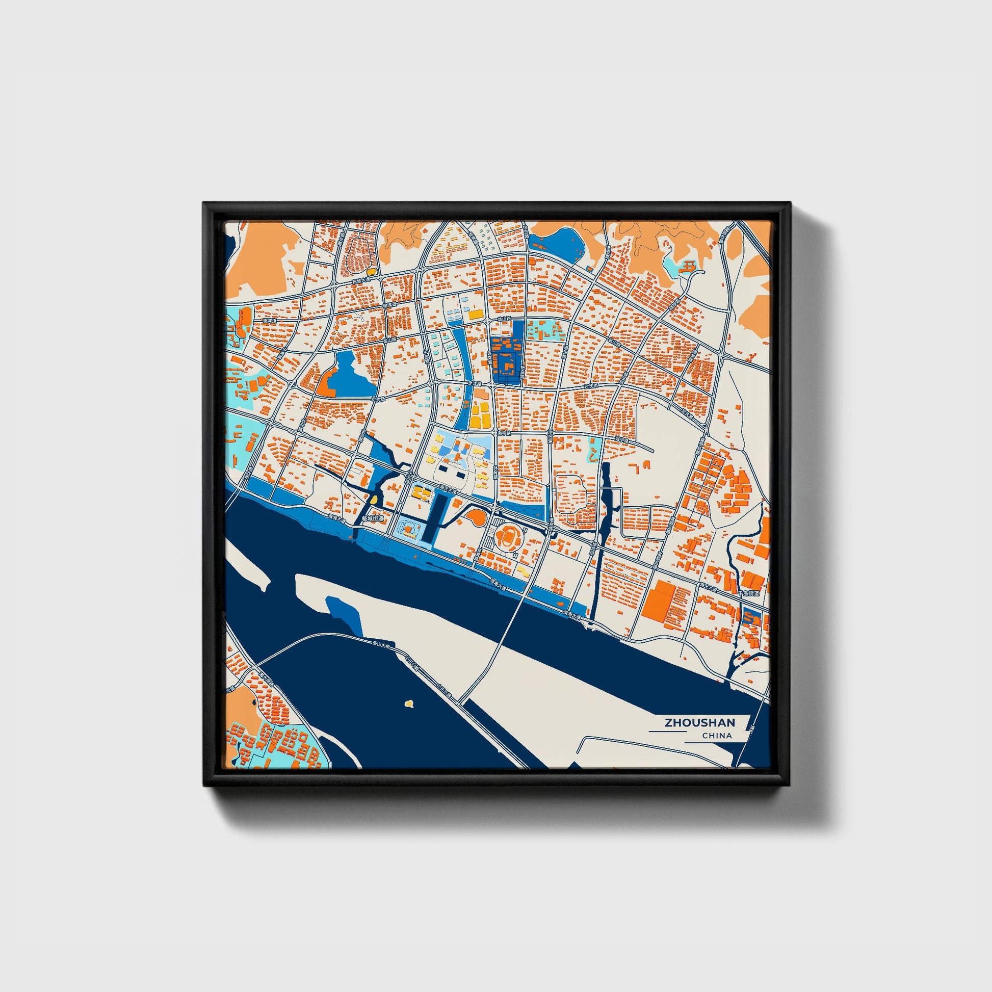 Zhoushan China Colorful City Map Canvas Print • Black Framed
