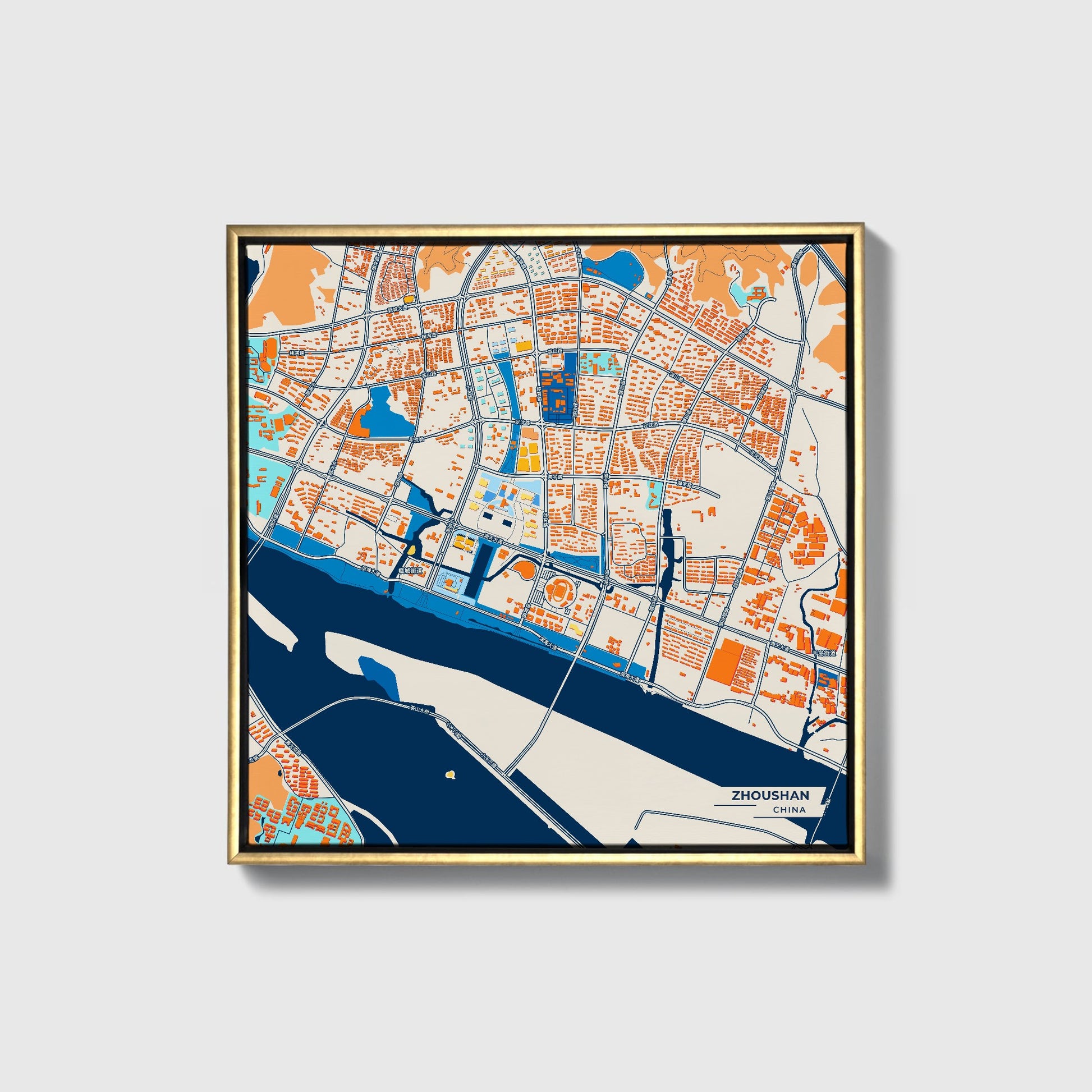 Zhoushan China Colorful City Map Canvas Print • Gold Framed